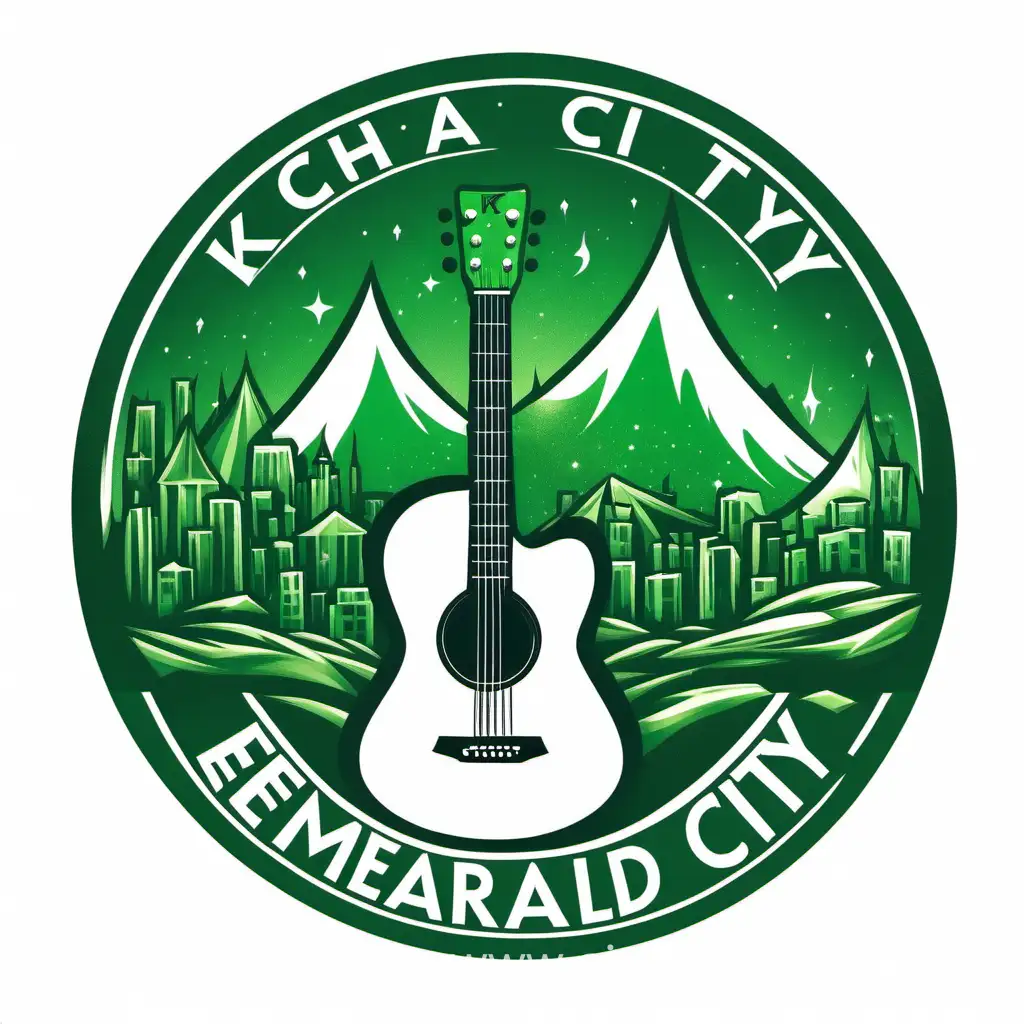 round simple logo of guitar, tent, campfire, Emerald city in a far. White background
TEST: 
KCH 
Emerald City