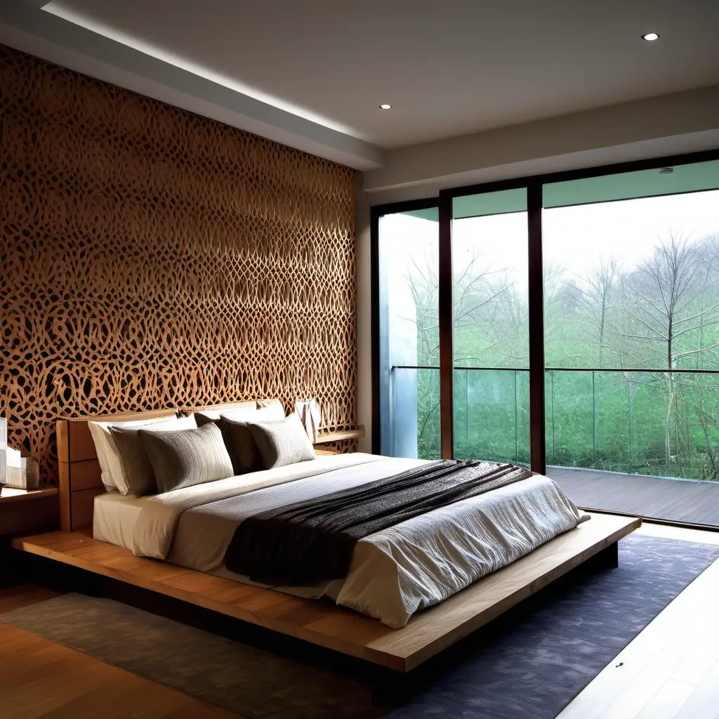 Elegantly Designed Bedroom with Wooden Decor and Serene Mirror Window