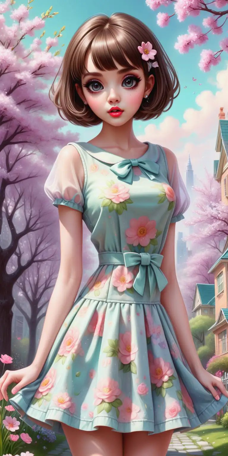 Create an enchanting and beautiful very trendy style spring kawaii girl. in a beautiful trendy spring dress. Lip gloss. Bob cut  short hair. Beautiful details factions. Big eyes. Trendy shoes. High quality. HD. no background. Thomas Kinkade style.