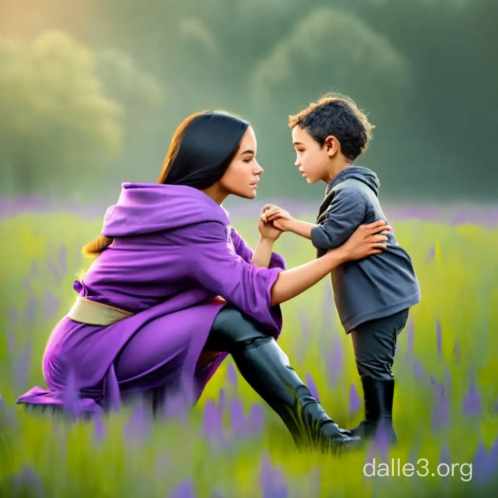 A beautiful young black haired woman wearing a purple hooded robe with a little boy wearing a black shirt and black pants and black boots in a beautiful meadow in renaissance era 