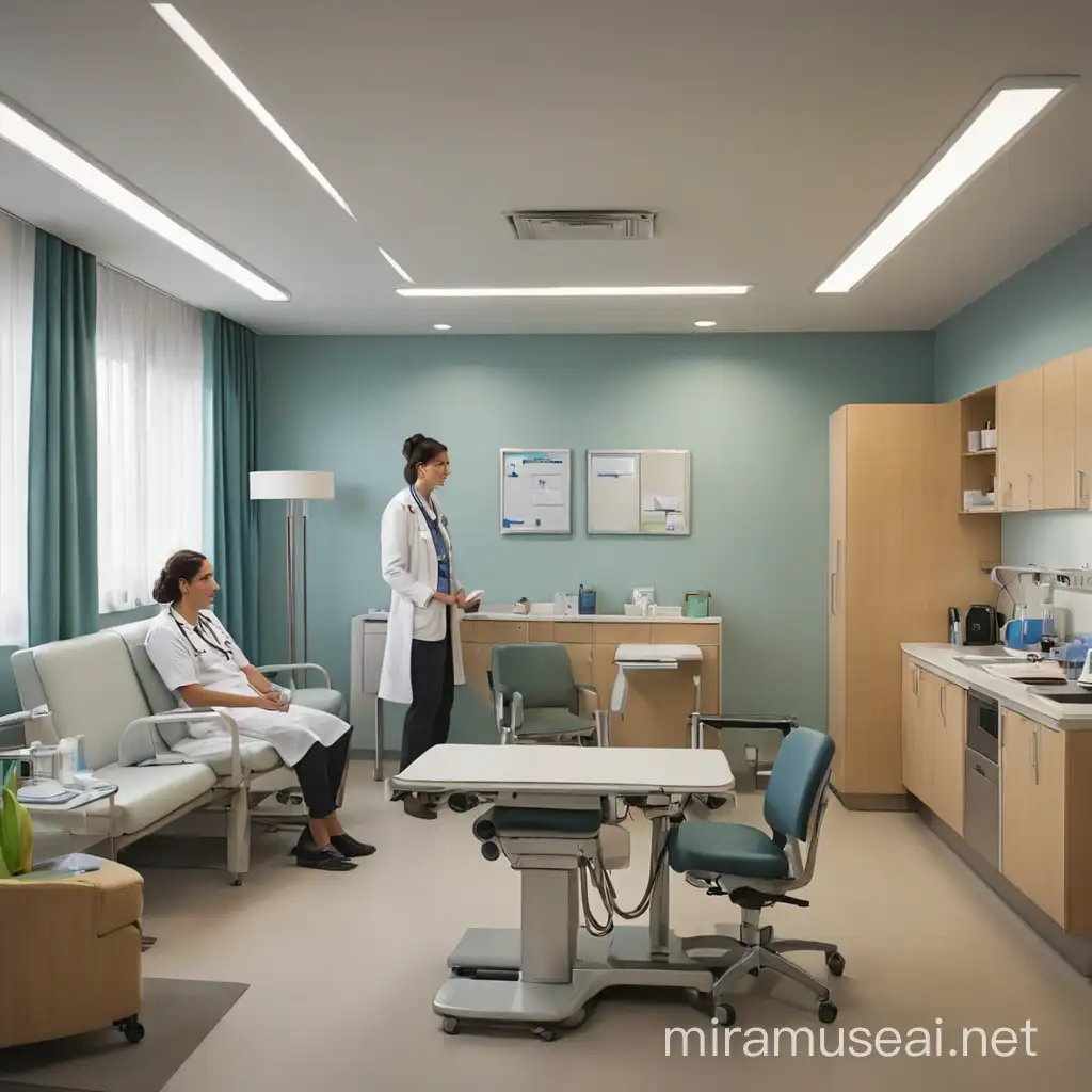 A well-furnished hospital consulting room with a patient and a doctor communicating

