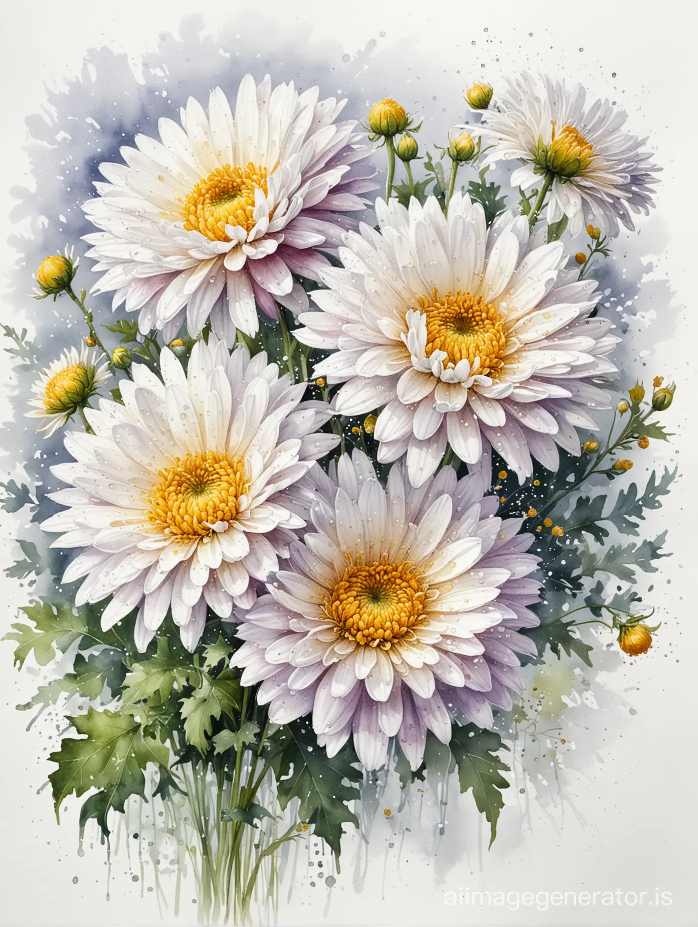 Chrysanthemum-Bouquet-with-Dew-Drops-on-White-Watercolor-Background