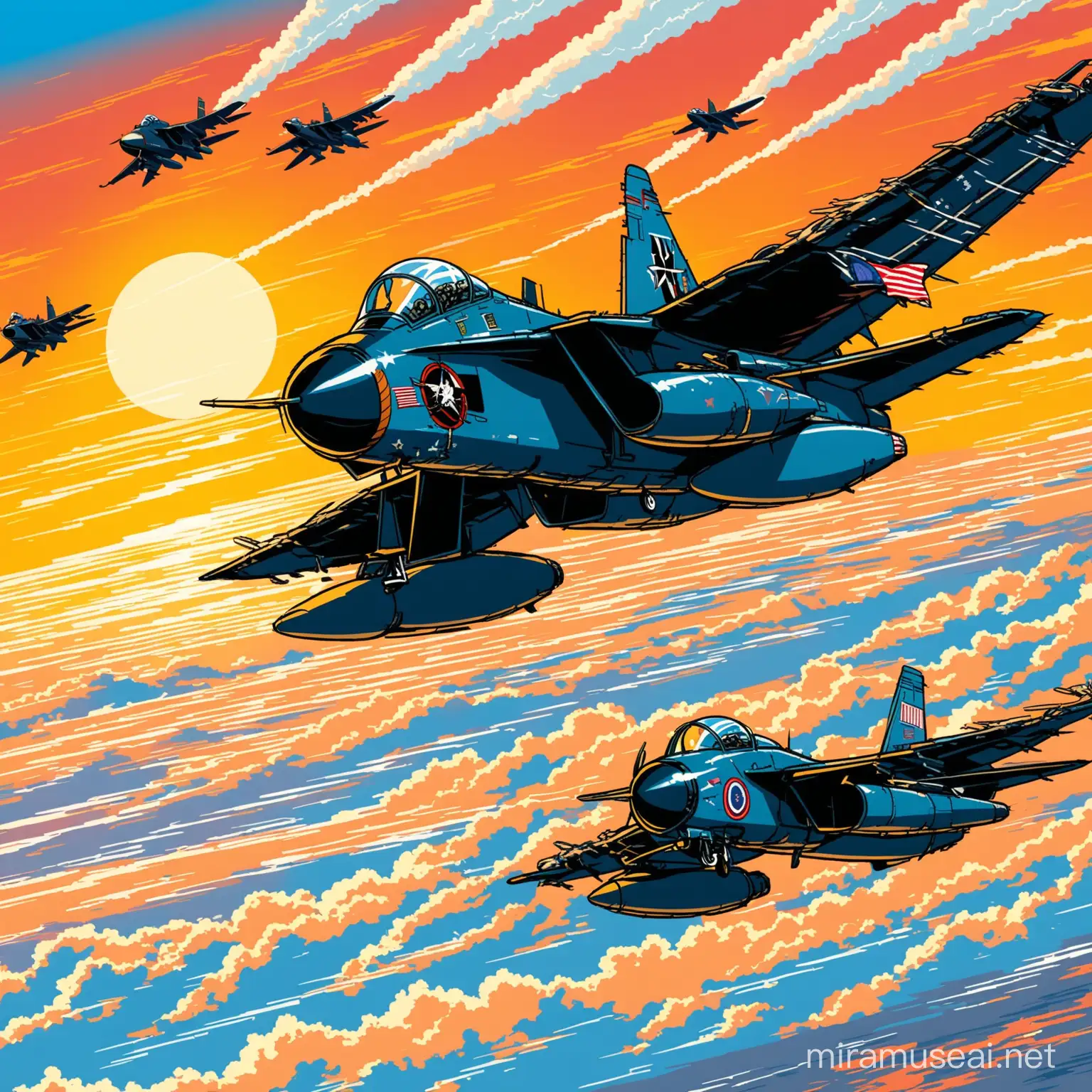 Top Gun planes, chasing the Russian planes, grindhouse art style