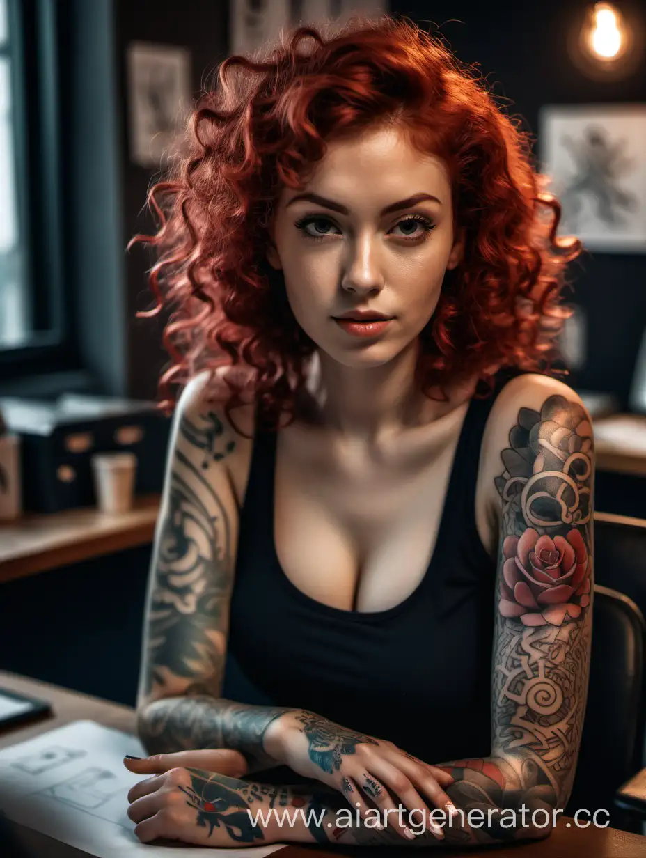 a woman sitting at a desk with a tattoo on her arm, a picture by Radi Nedelchev, featured on pexels, tachisme, masterpiece, high quality, red head girl, curly hair of medium length, light makeup,  , size four breasts, backgroun cafe, clear face, hyper realistic, cinematic lighting, sharp details