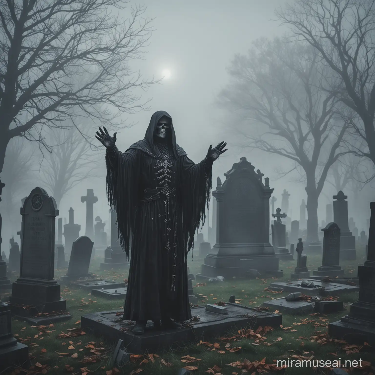 A dark necromancer standing in a foggy cemitary raising his hands and his magic is mking the dead in the cemitary come to life.