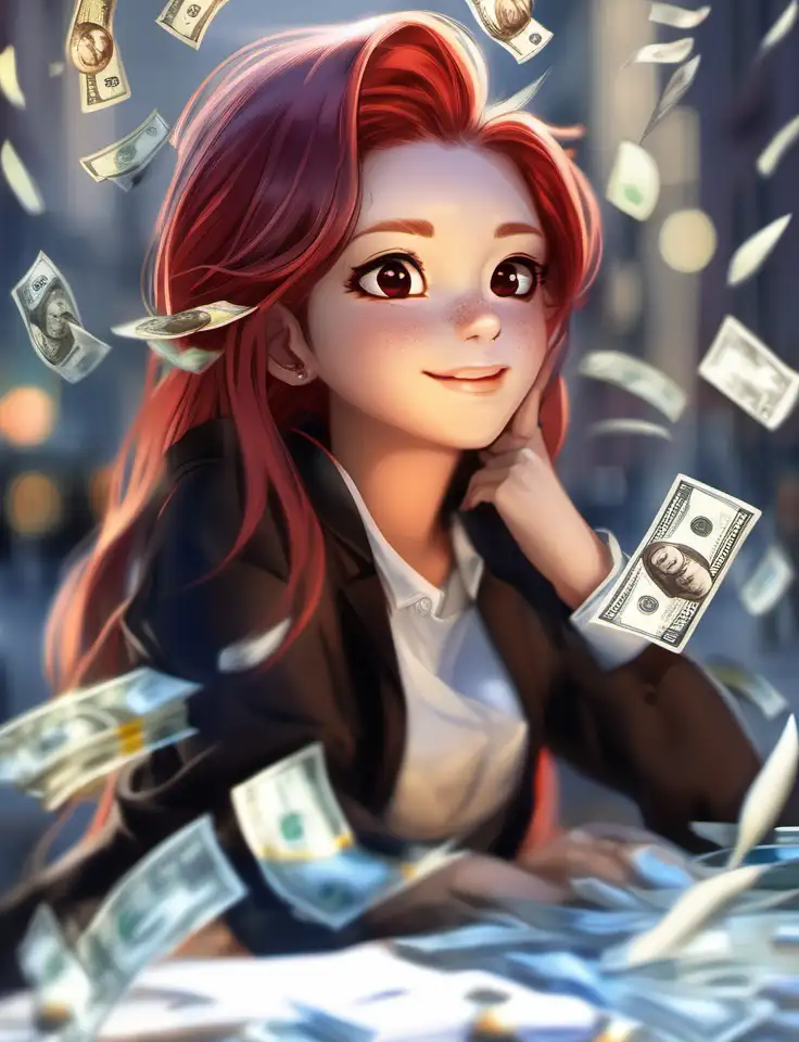 Vibrant RedHaired Woman Celebrating Amidst a Shower of Currency with Mesmerizing Brown Eyes