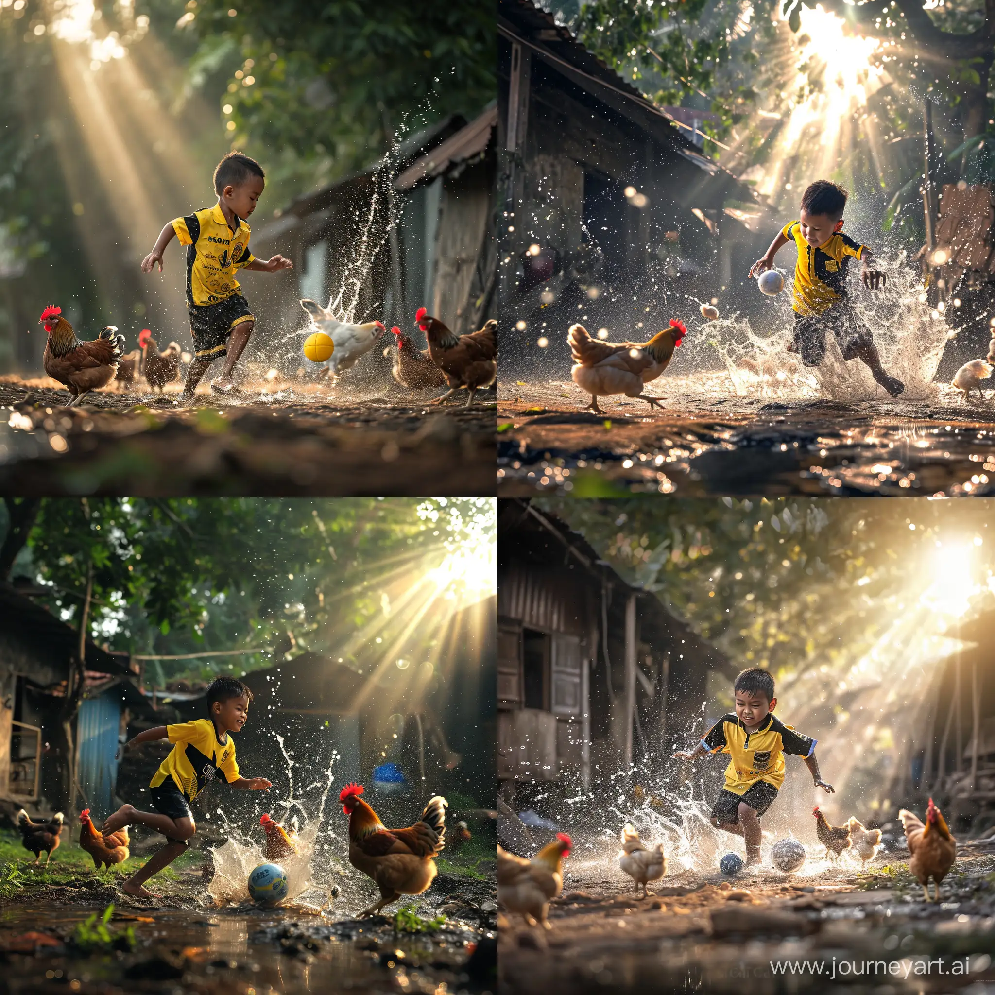 Ultra realistic a Malay boy wering yellow and black shirt is running after a ball in the morning atmosphere in the village, with the rays of the rising sun. there are chickens running around. on the ground there is a splash of water. canon eos-id x mark iii dslr --v 6.0