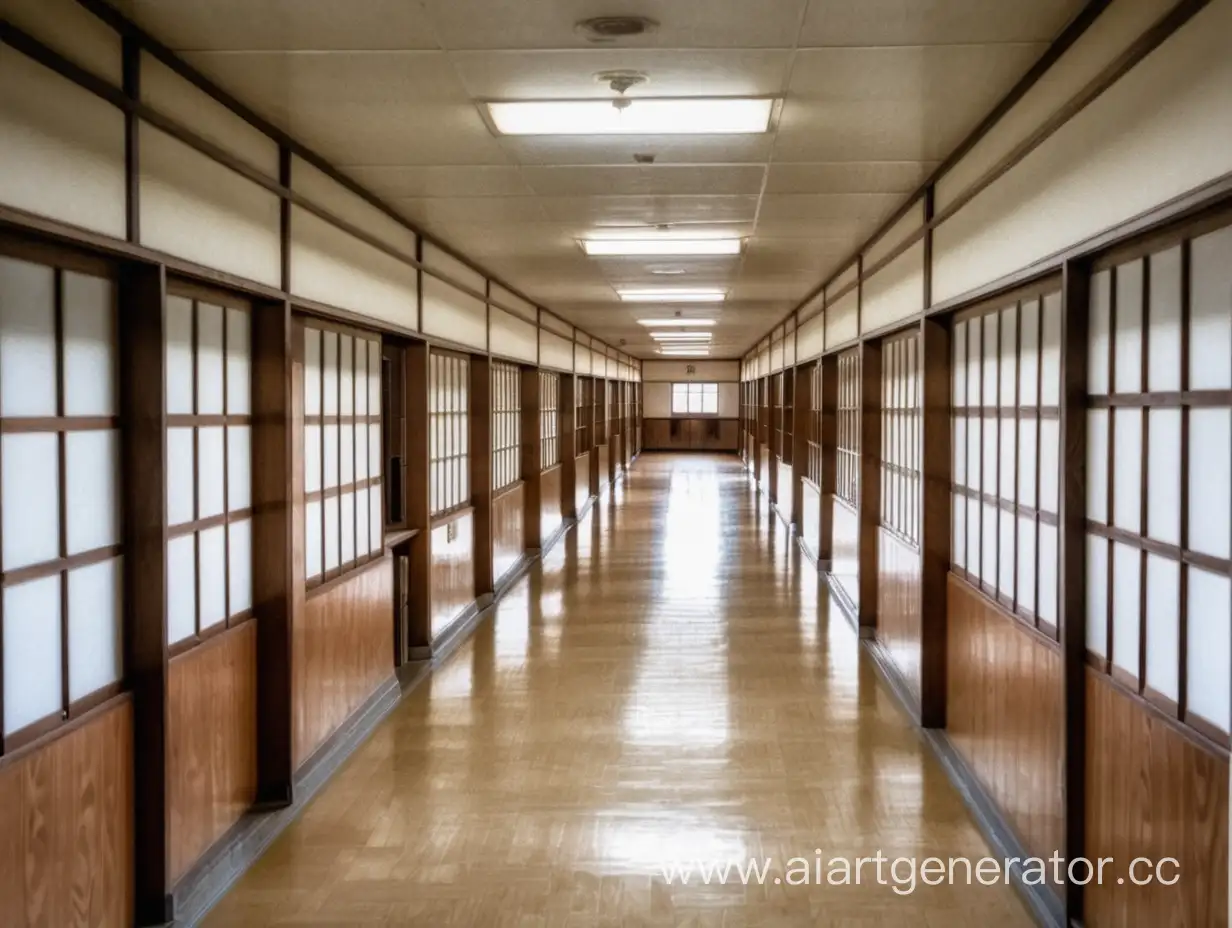 Пустой японский школьный коридор с окнами