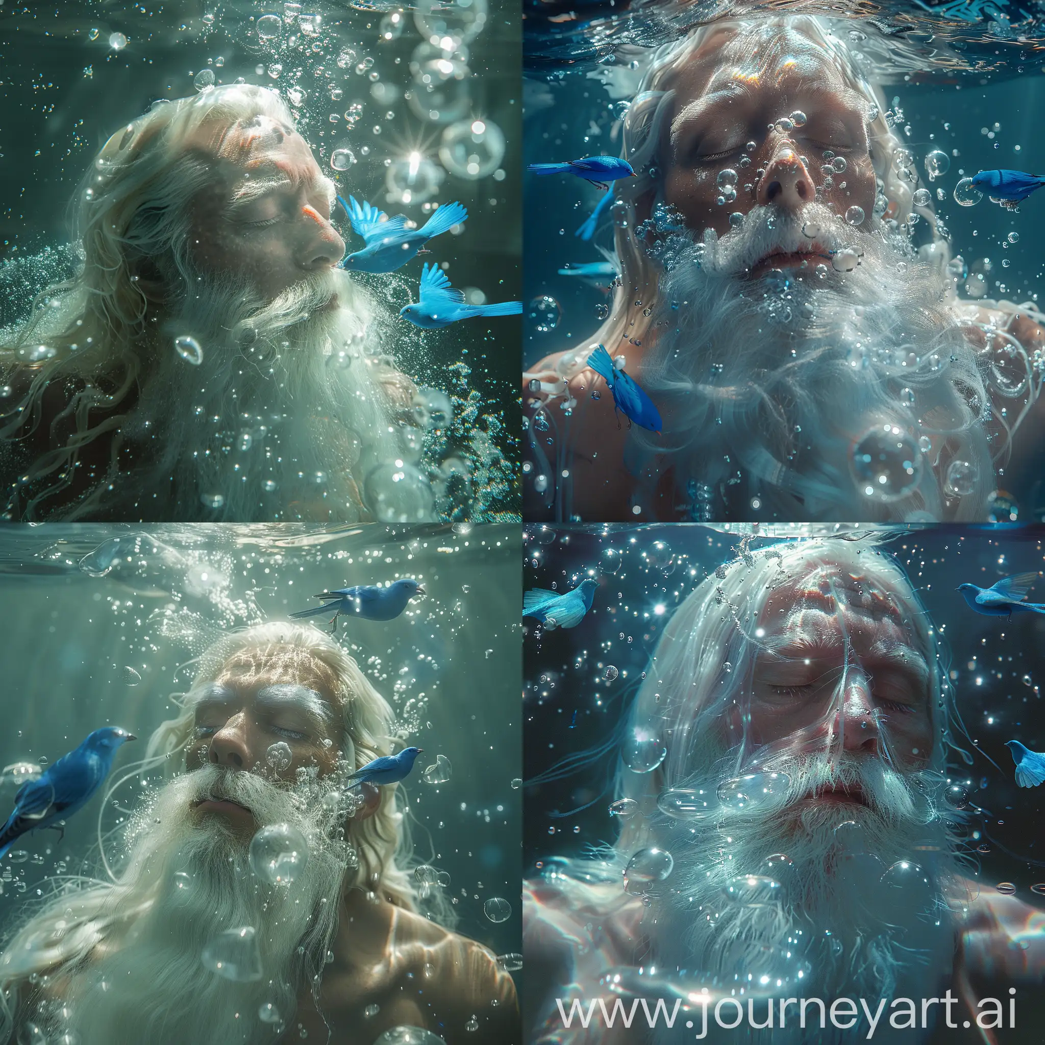 A captivating cinematic image of a beautiful young man, long white beard, eyes closed under calm water with strong emotions, few realistic bubbles, reflection of underwater light all over him, a quite a few realistic bubbles, three blue birds swimming near him,