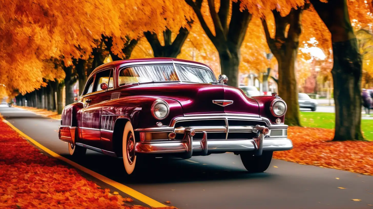 A beautiful maroon classic car cruising down a tree-lined boulevard in the midst of a vibrant autumn foliage.