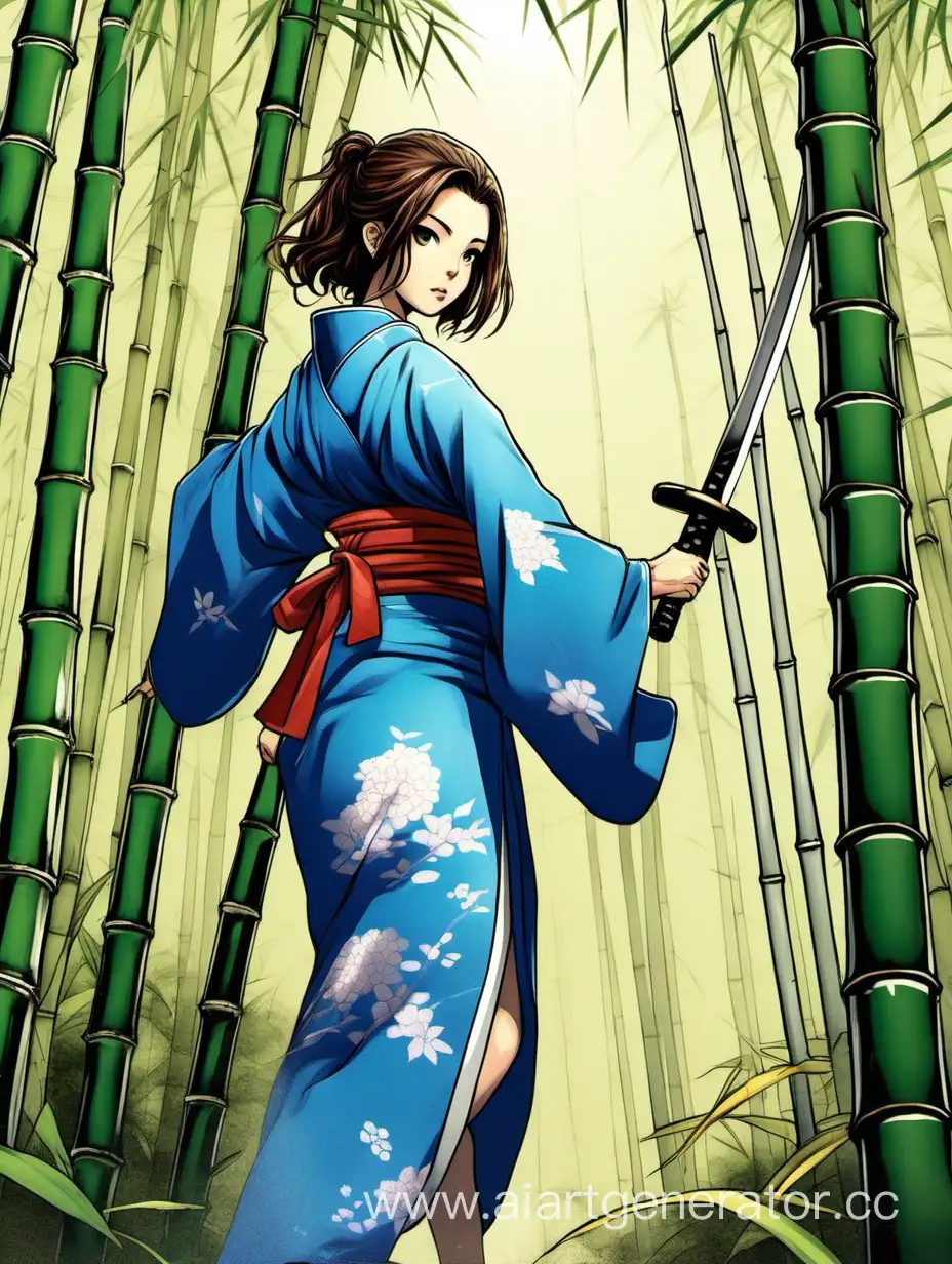 Девушка в голубом кимоно, с русыми волосами до плечь держит в руках катану. Сзади неё бамбуковый лес 