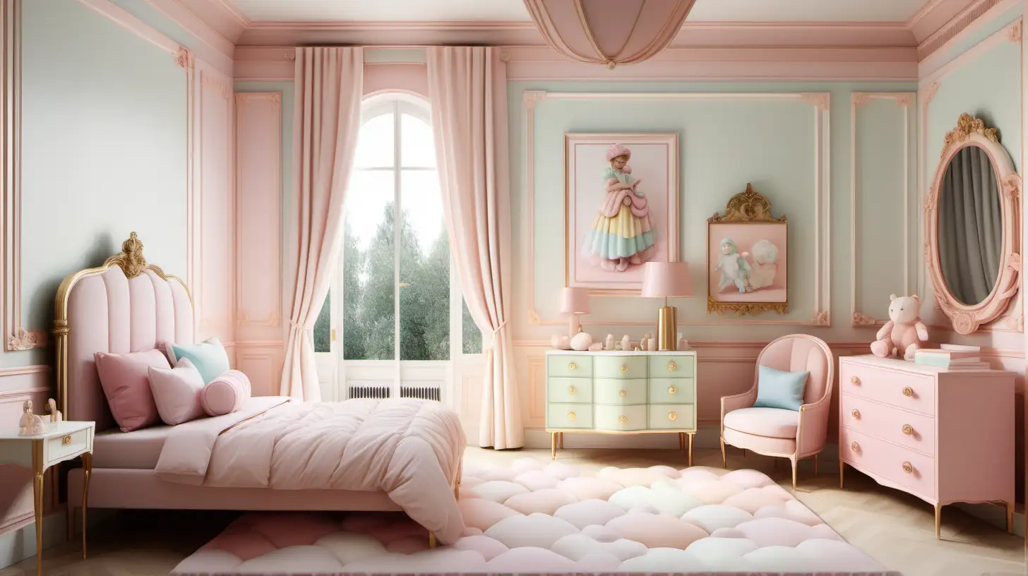 hyperrealistic image of a modern parisian estate home childrens bedroom; candyland inspired; pastel, ivory and brass colour palette