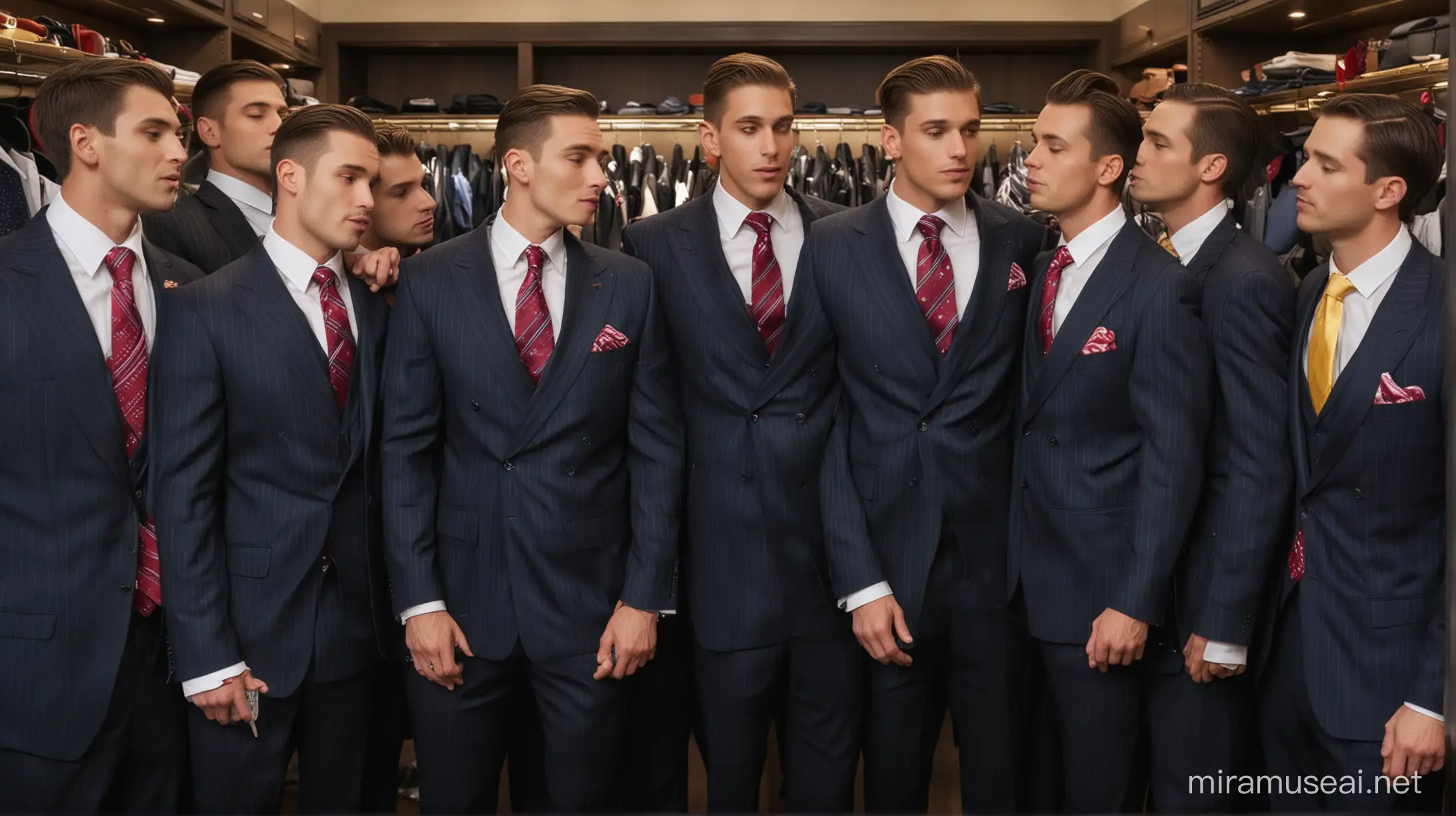 wide shot, team of men, undressing, kissing, pinstripe suit and bright tie, very wide lapels, kissing his cheek, in a gentlemen's closet , lots of suits on racks, photographic, high resolution