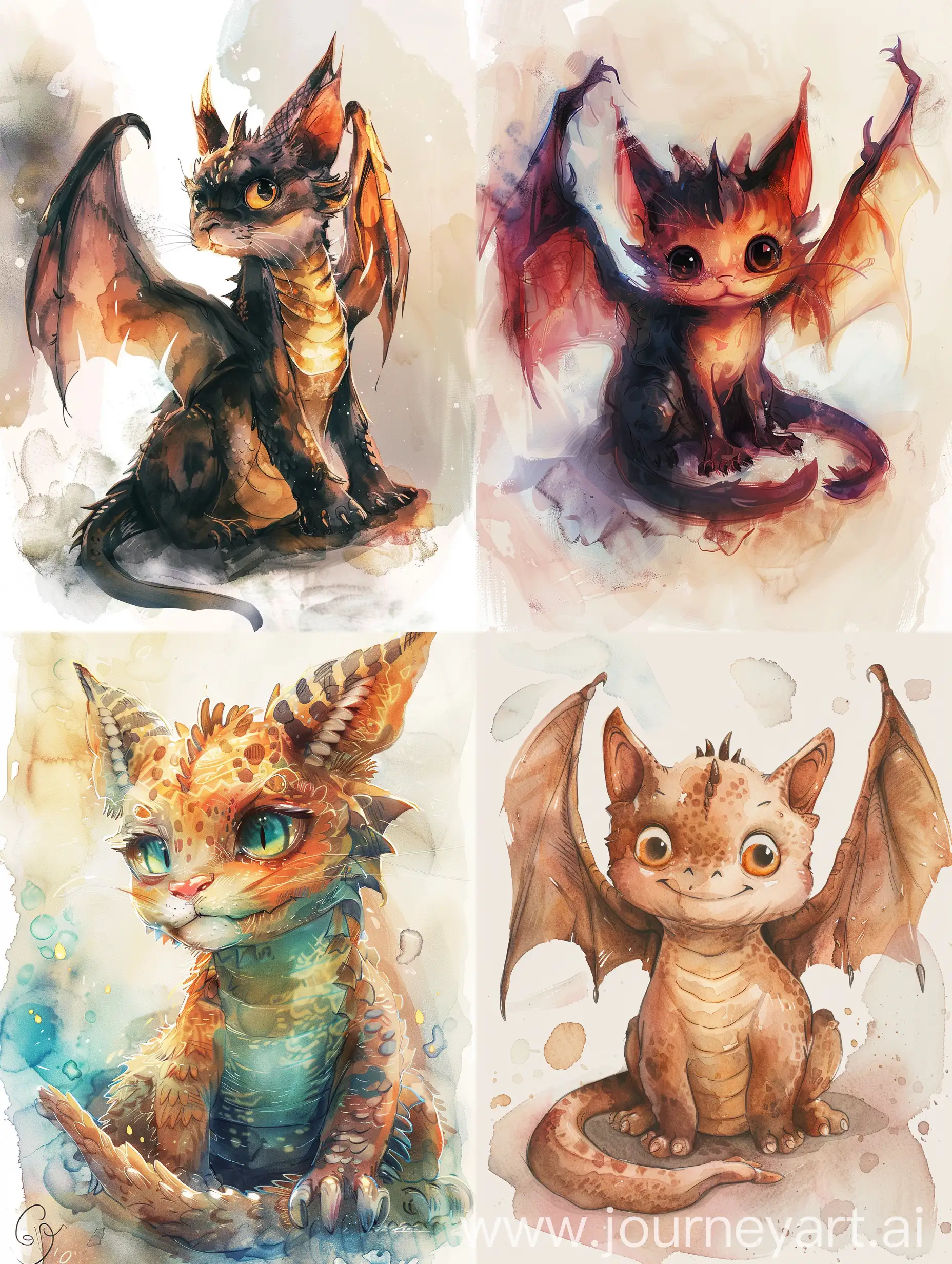 monstrous but a little bit cute dragon 6 years old with cat features, anime water color style