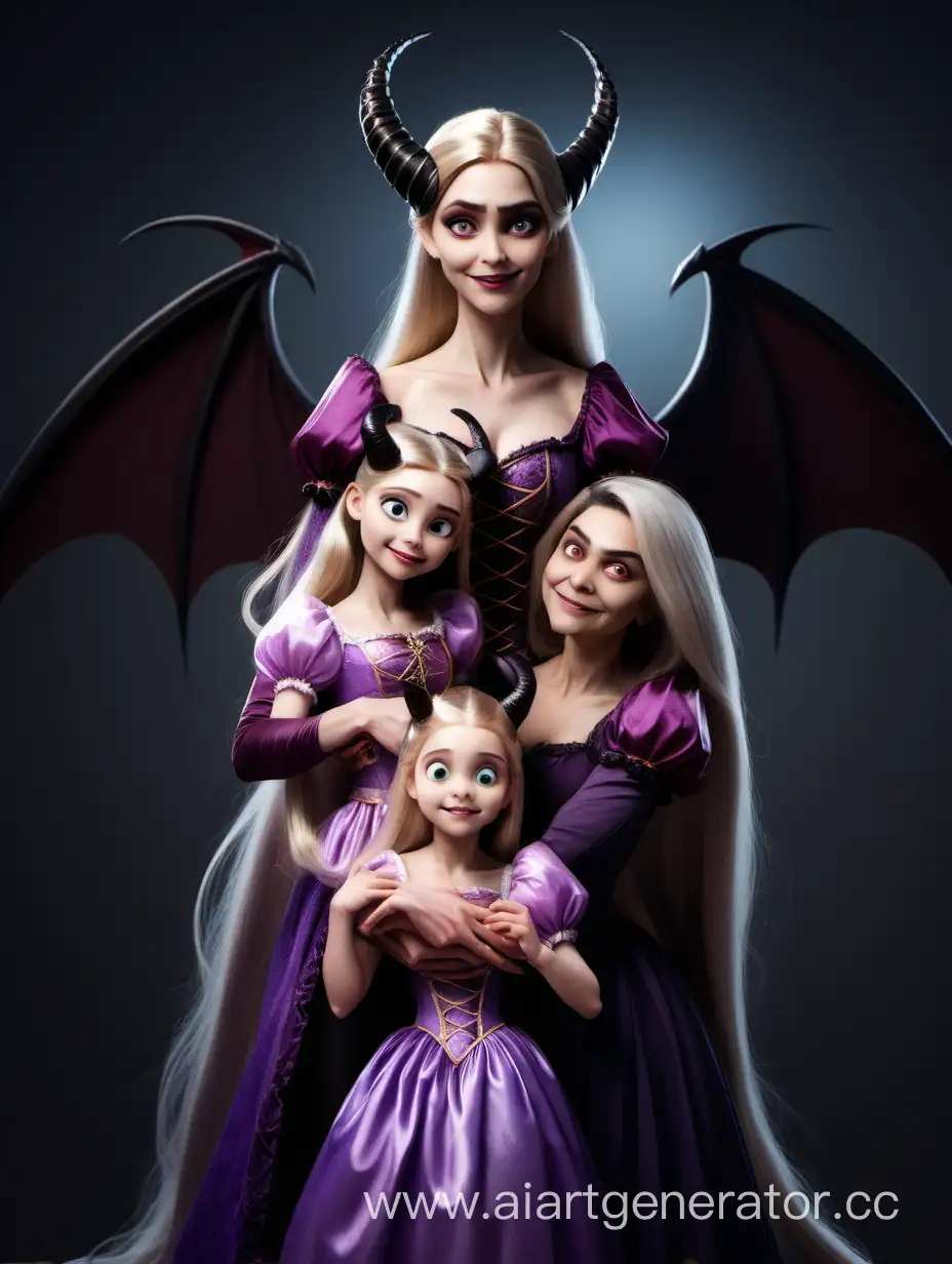 Рапунцель вампир с рогами на голове и крыльями с дочерью и внучкой берёт на руки семья Рапунцель с рогами и крыльями на спине как у мамы

