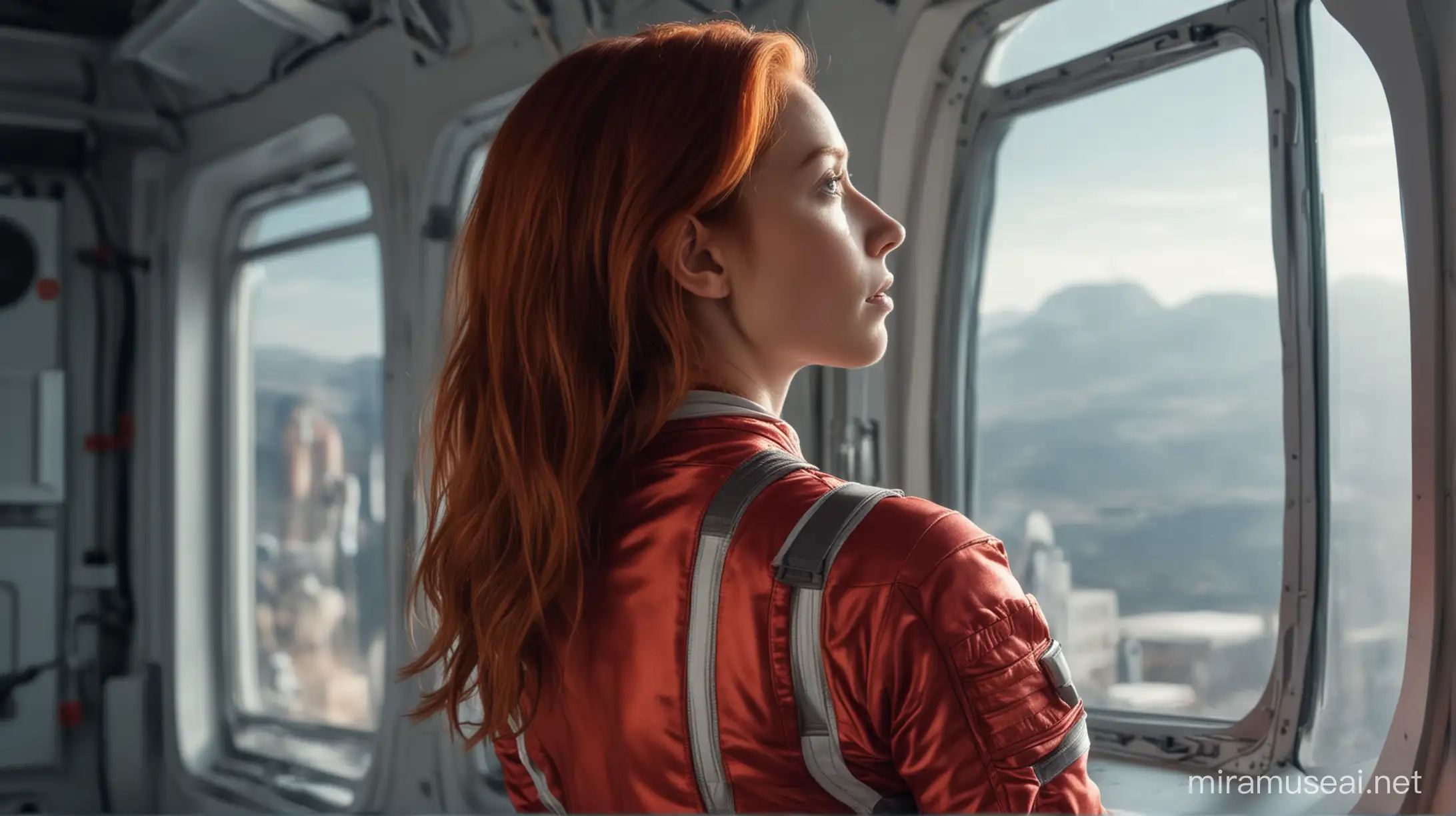 стройная рыжеволосая девушка астронавт с большой красивой попой в красном обтягивающем комбинезоне стоит сбоку кадра спиной скрестив руки на большой груди смотрит в большое стекло на космос
