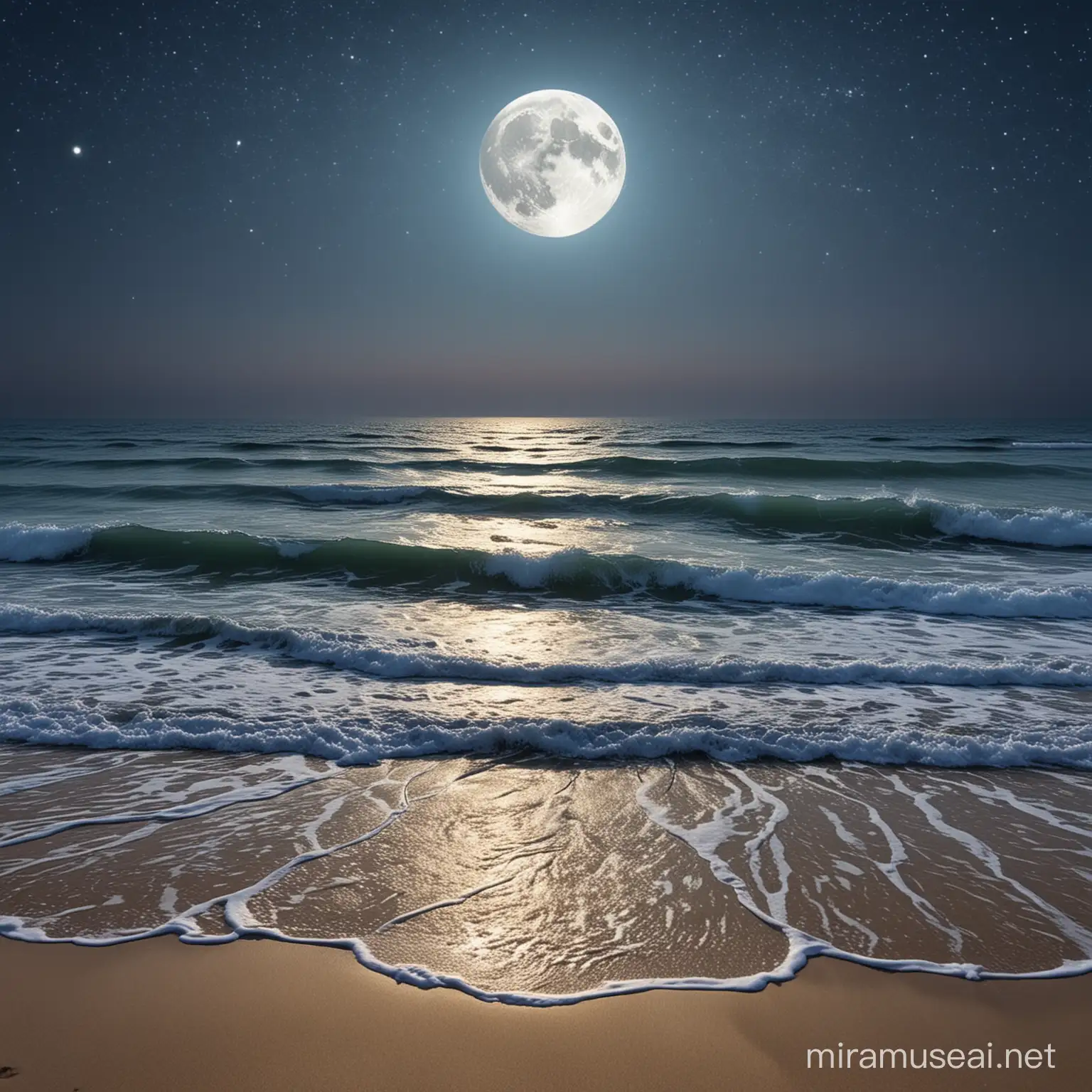 Serene Beach under the Colossal Blue Moon and Twinkling Stars