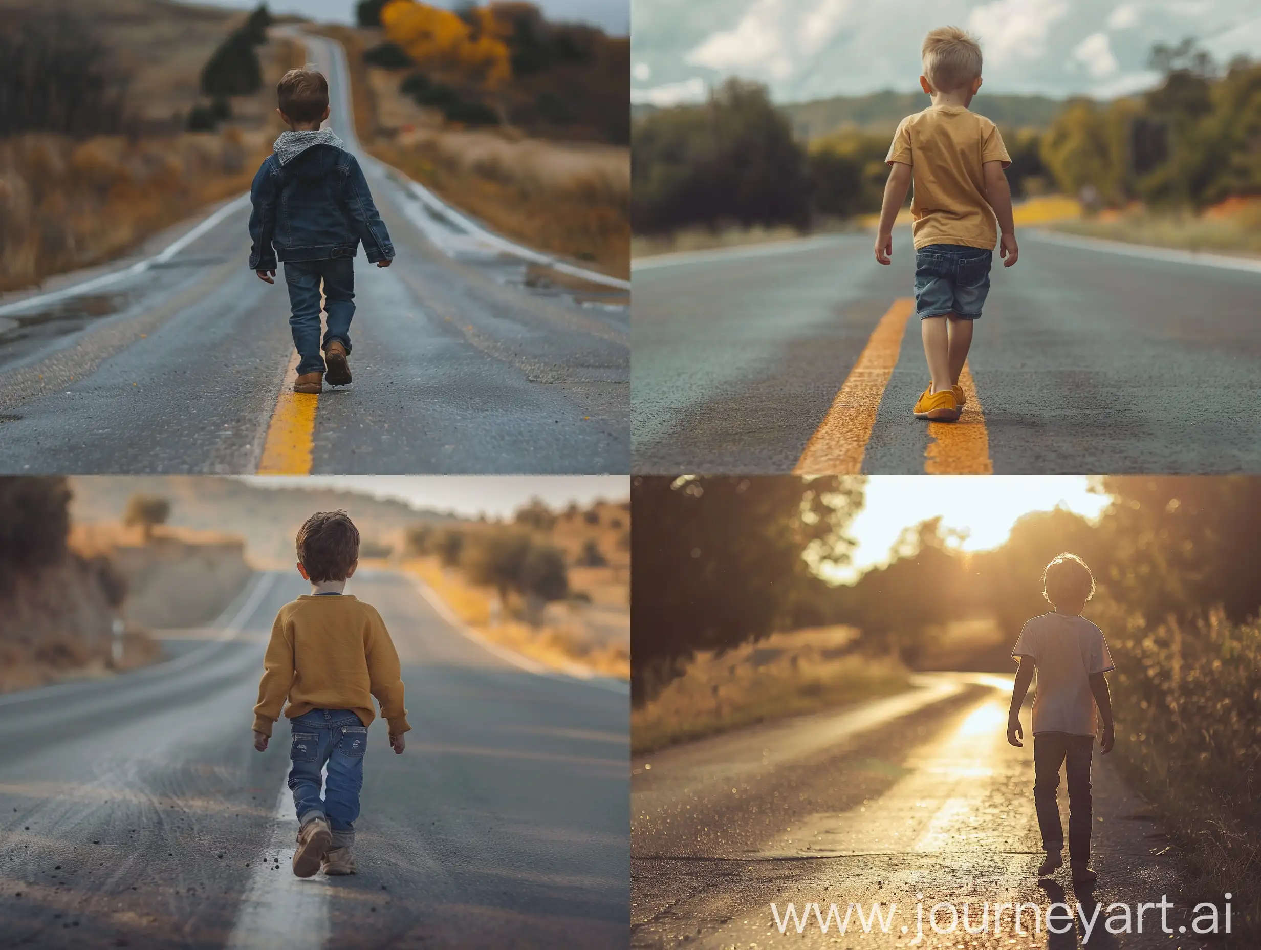 a boy walking on road
