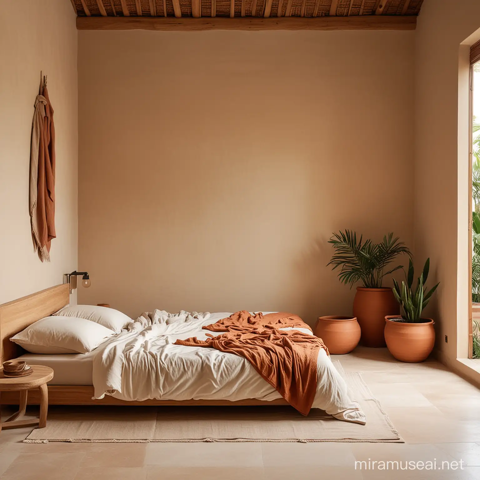 A minimal interior bedroom, stone floor, Bali style, terracotta vessel in the room, beige and cream color bedsheets, cream color wall, 