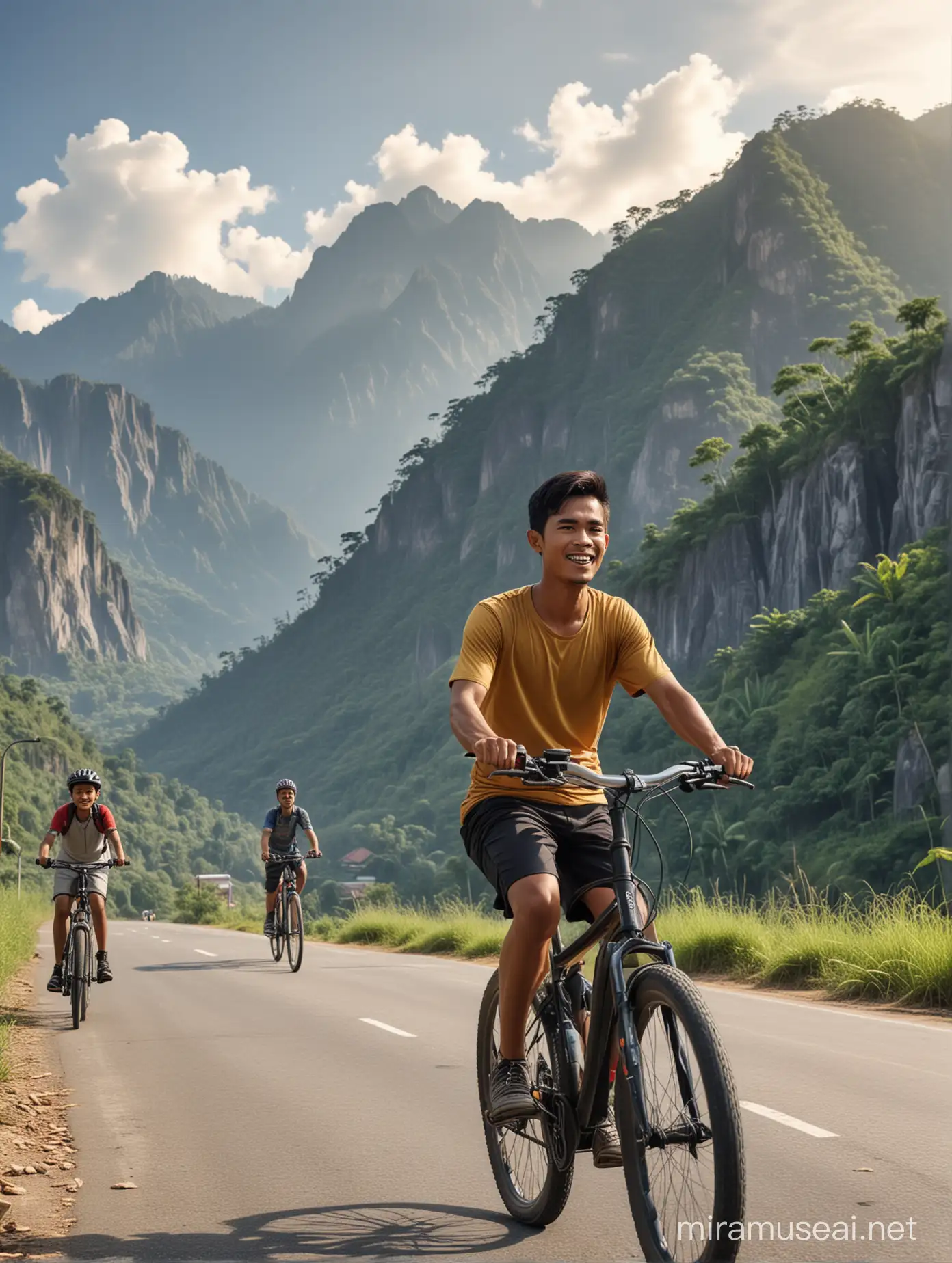 Seorang pemuda indonesia sedang bersepeda, berambut pendek usia 30 tahun bersama seorang anak kecil laki-laki usia 3 tahun, latar belakang pengunungan yang indah, ultra HD 8k, very realistis