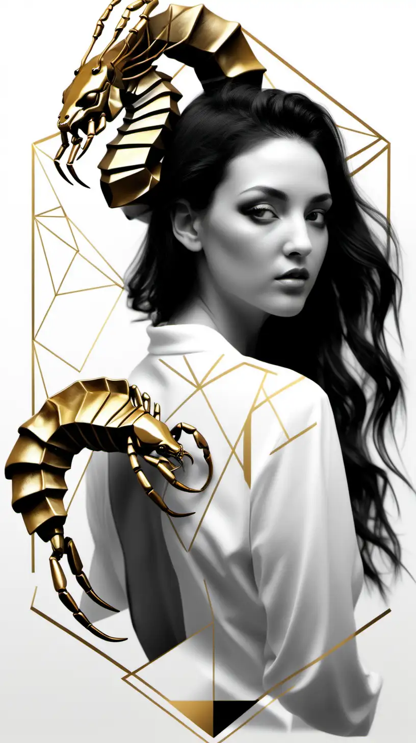   featuring a realistic  [scorpio zodiac] [a beautiful lady beside scorpion
] [geometric shapes]
[black and white and gold]
white empty background