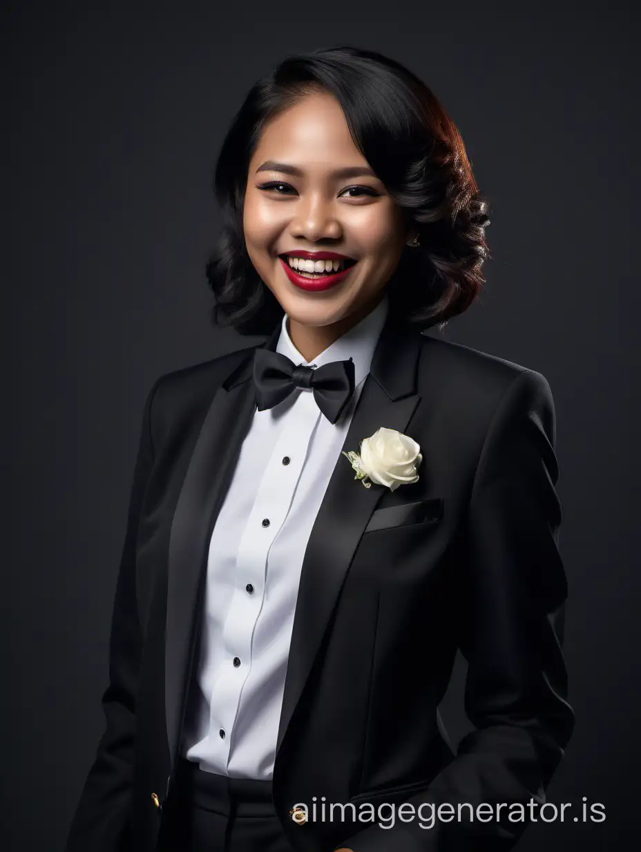 A portrait of a smiling and laughing Indonesian woman with dark skin, shoulder length hair, and lipstick.  She is wearing a tuxedo with a black jacket and black pants.  Her shirt is white with a wing collar.  Her shirt cuffs have cufflinks.  Her bowtie is black.  Her jacket has a corsage.