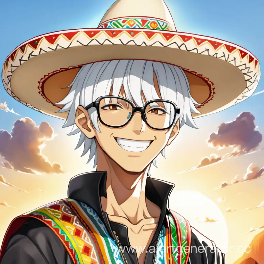 аниме парень в мексиканском сомбреро на фоне неба с короткими белыми волосами улыбается в очках  смотрит в камеру под наклоном