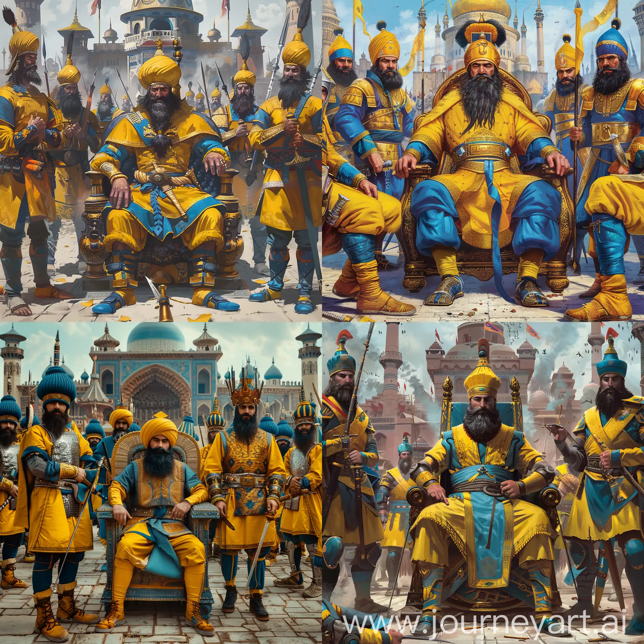 a middle-aged ancient Seljuk sultan is sitting on his imperial throne in the middle, he has black Seljuk style beard, yellow-blue Seljuk hat and costume,

other Seljuk warriors are in yellow and blue color armor, they hold swords or spears in hands, they have Seljuk hat and black beard, they stand around the sultan, with shoes,

they are all before an Seljuk palace, other Seljuk temples as background,