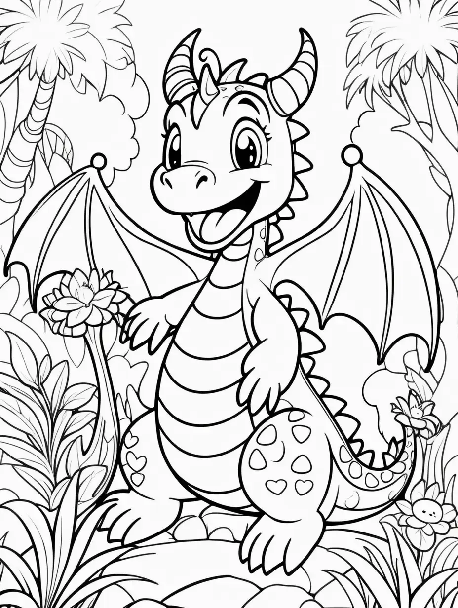 cute happy mommy dragon in a magical land on a summer day for coloring