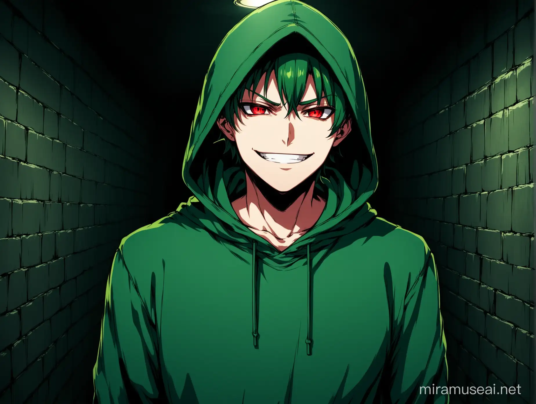 An anime male criminal, evil character who is dark green headed, evil, criminal, wearing dark green hoodie, bright red eyes, dreadful smile, wearing hoodie cap smiling in an underground secret room with dark green contrasts and vibe in anime style 
