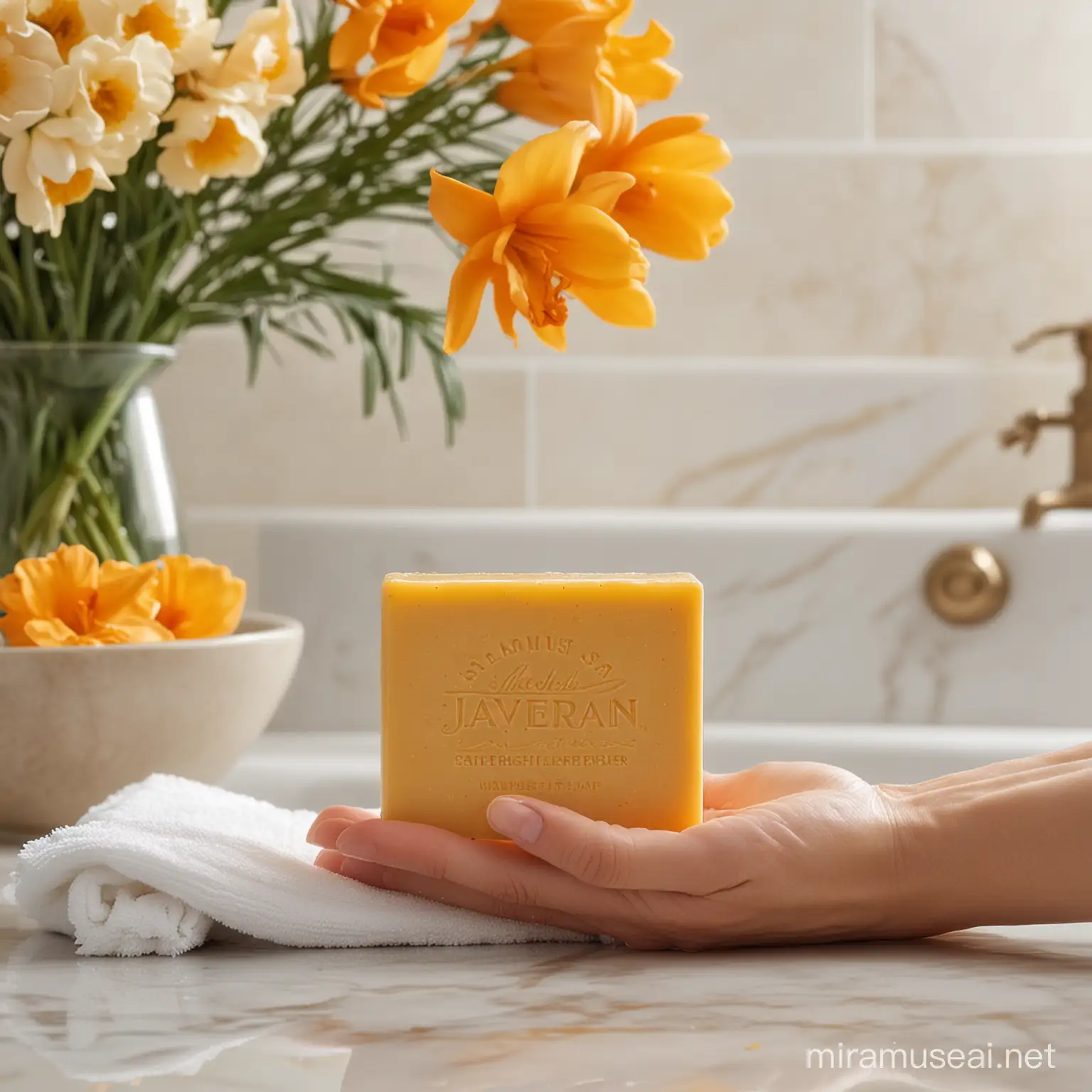 A photorealistic image of a hand holding a bar of JAVERIAN Saffron Soap in a luxurious bathroom setting. The soap is a soft, creamy yellow color with visible saffron threads embedded throughout. Gentle steam rises from the soap, hinting at its luxurious lather. Water droplets cling to the soap and the hand, showcasing its hydrating properties. In the background, a bouquet of fresh saffron flowers sits on a marble counter, next to a fluffy white towel.