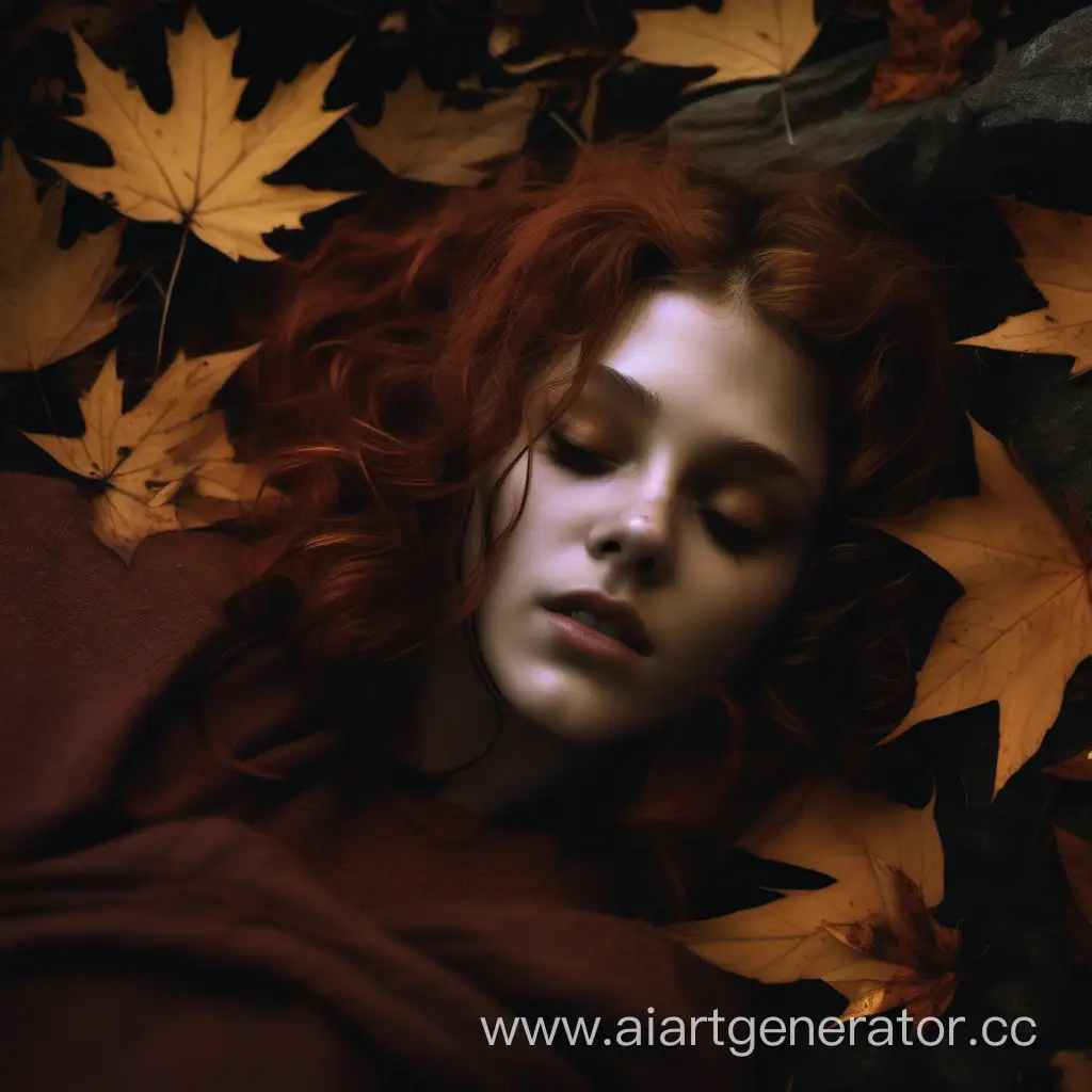 Mysterious-Autumn-Night-Redhaired-Girl-Resting-in-Ravine