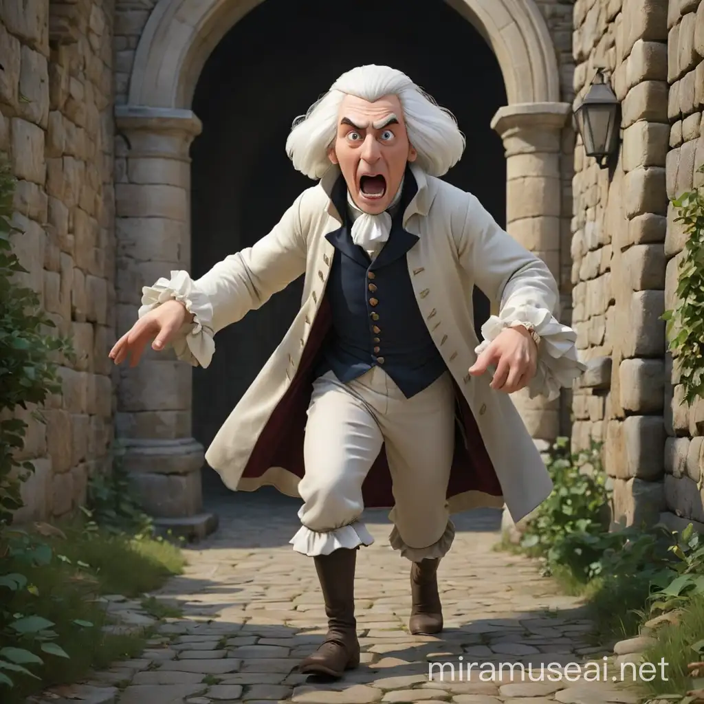 The Count, wearing a white wig and dressed in 18th-century style, escapes from the castle, losing his belongings along the way. He is very scared, his face is distorted with fear. WE see him in full growth, with arms and legs. In the style of 3D animation, realism.