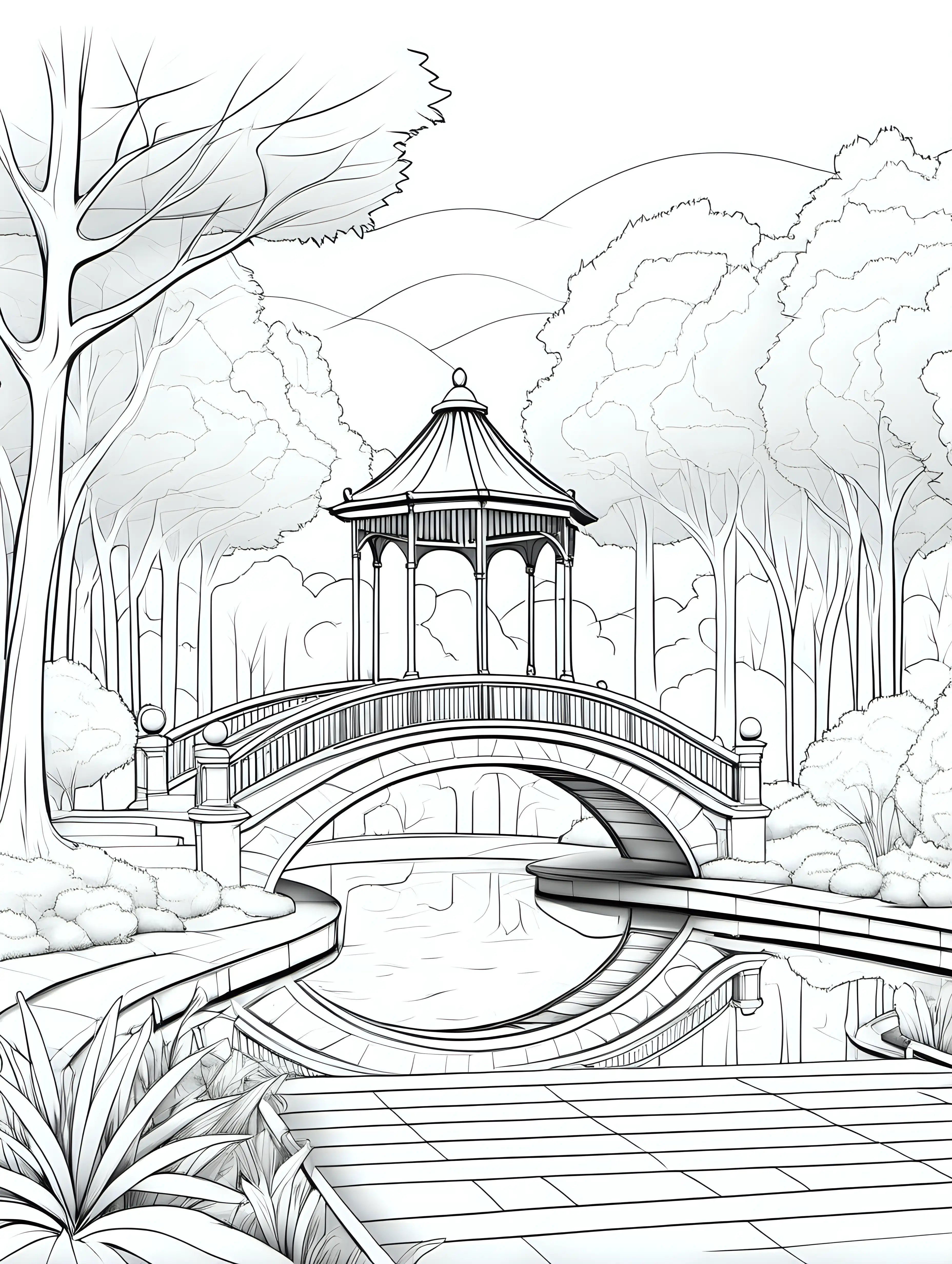 Create a simple line art coloring page featuring a park with bridge and gazebo. Emphasize clean , thin and minimalistic lines, utilizing a one-line drawing style for an elegant effect. Omit logos and letters from the design. Keep the details simple and minimal, employing a continuous thin crisp line drawing technique. Ensure the overall aesthetic is minimalist, providing easy-to-color elements that capture the charm of  park with bridge and gazebo without unnecessary complexity. The coloring page should reflect the beauty of the scene with simplified details and a user-friendly design
