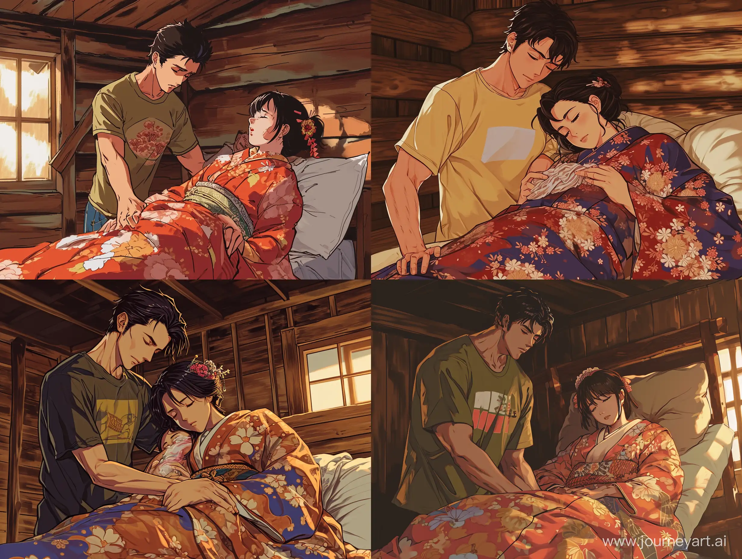 an anime scene, best quality, a man in T-shirt take care of a woman in kimono, the woman in kimono is sick and sleeping,  ultra detailed, inside a wooden cabin, --v 6 --ar 4:3 --q 2
