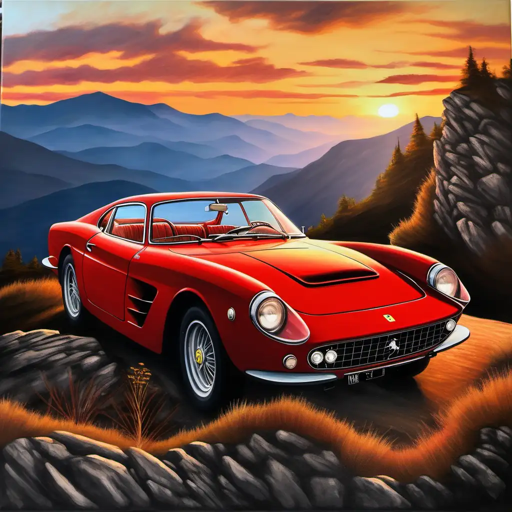 Painting with an old Ferrari  on a Mountain at sunset