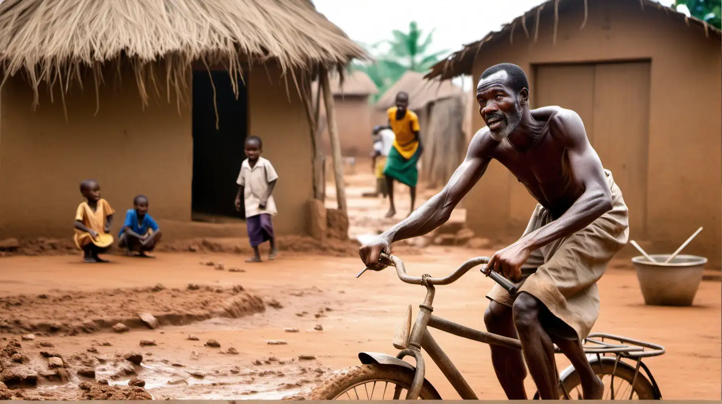 African Man Pushing Bicycle towards Women Pounding Yam in Village Setting