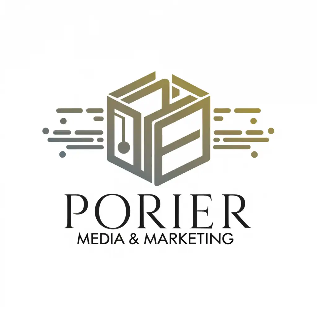 a logo design,with the text "Porier Media & Marketing", main symbol:Pandora's box,Moderate,be used in Technology industry,clear background