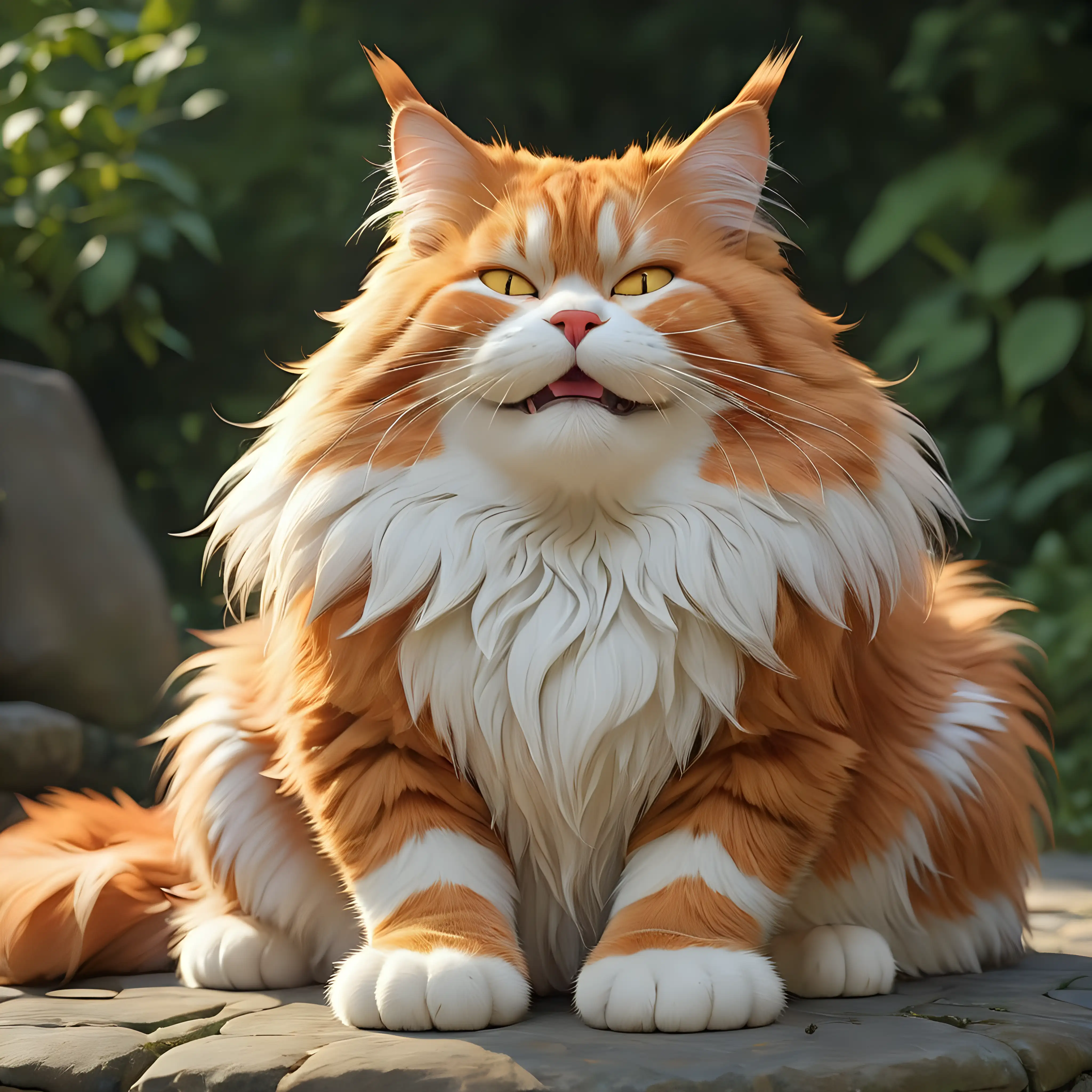 /imagine prompt: Rich colors, a long-haired chubby  orange and white  maine coon cat, Pixar character,  sitting down, with closed eyes, head slightly tilted to the side and to the back away from the viewer, with happy satisfied expression on it's face, long fluffy tail by it's side, upscale images x4, Full length shot, Fat --ar 9:16 --c 1