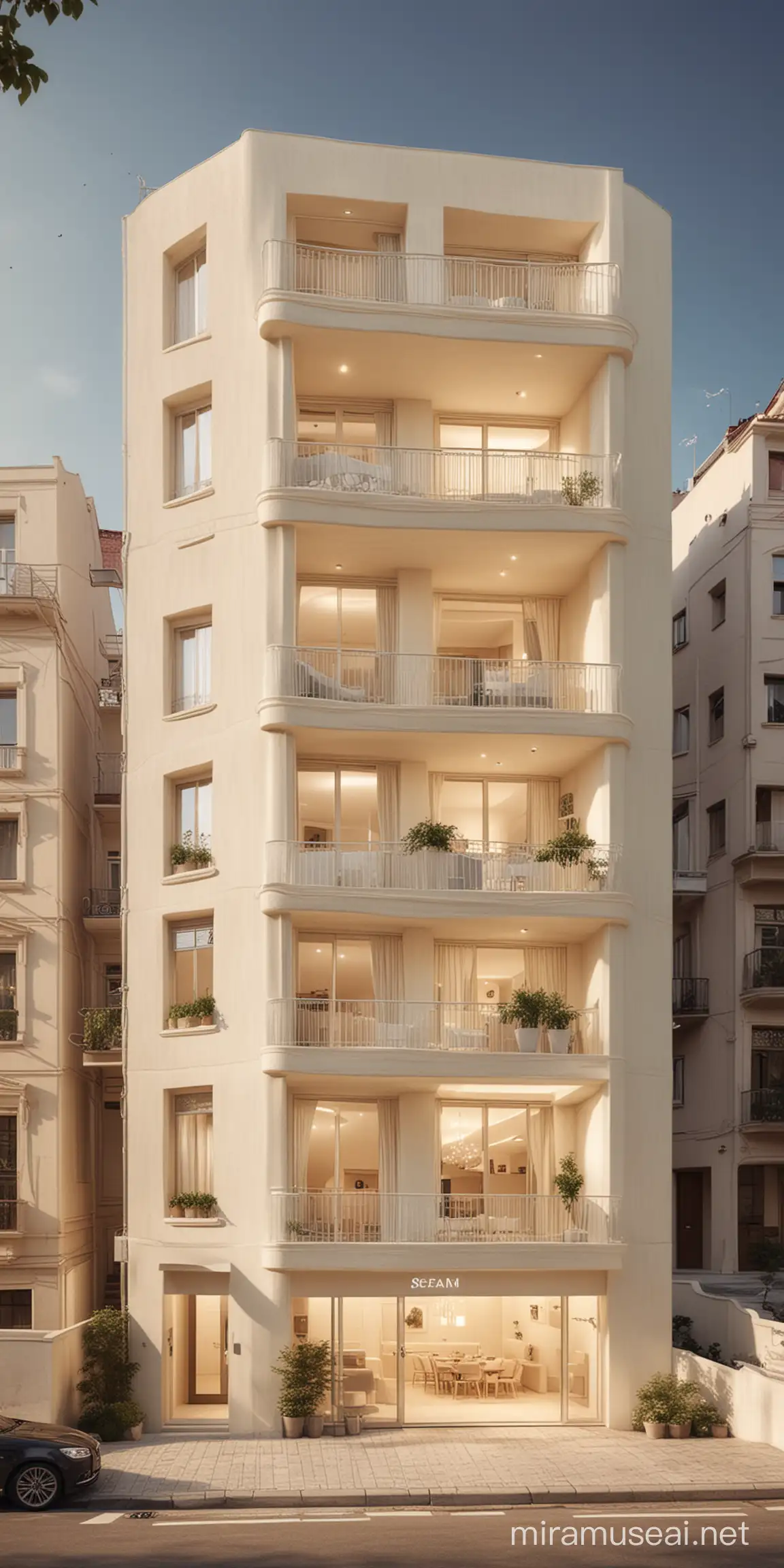 This buildingwith three floors and an underground parking basement. Its apartments are adorned in a soothing cream color, boasting impressive design with a touch of spirituality.Dominated by cream tones and soft lines, it creates an elegant and tranquil space, ideal for living and relaxation.