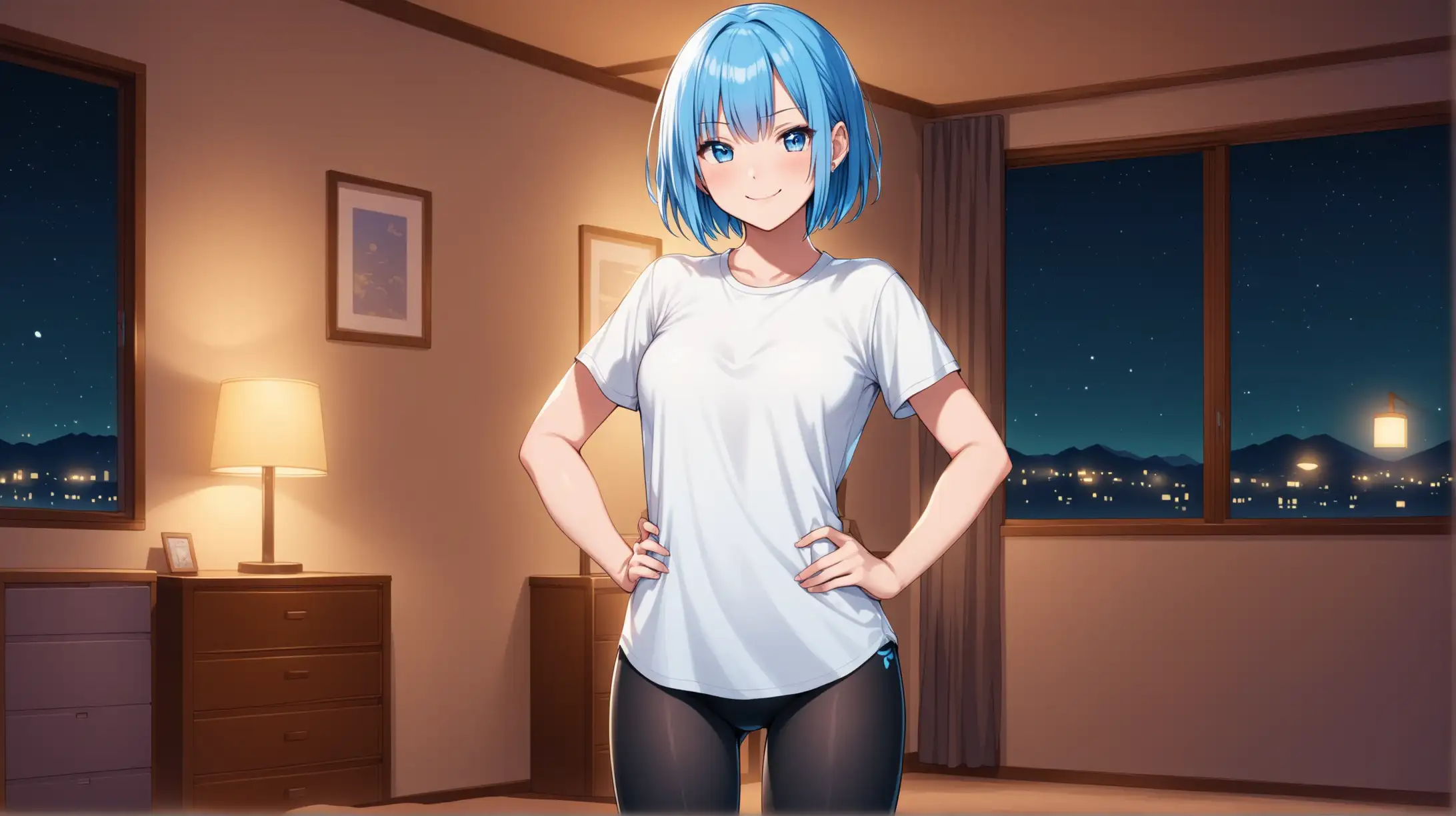 Draw the character Rem, high quality, standing with a hand on her hip, indoors, at night, wearing leggings and a shirt, smiling at the viewer