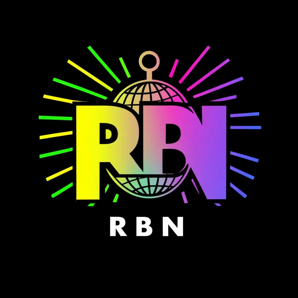 a logo design,with the text "DJ RBN", main symbol:a disco ball with lights and music on the back,Moderate,be used in Entertainment industry,clear background