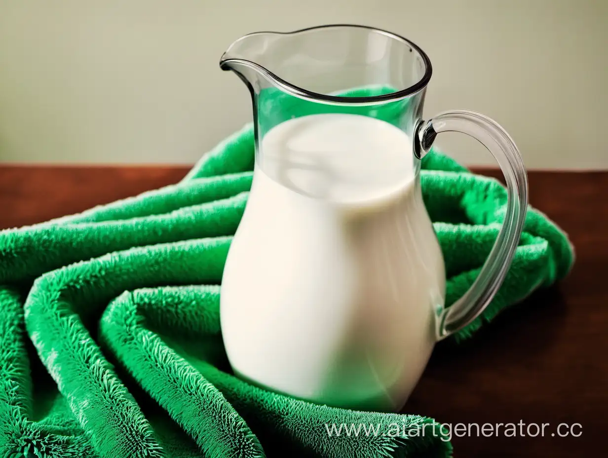 фото кувшина молока на столе с зелёным полотенцем.