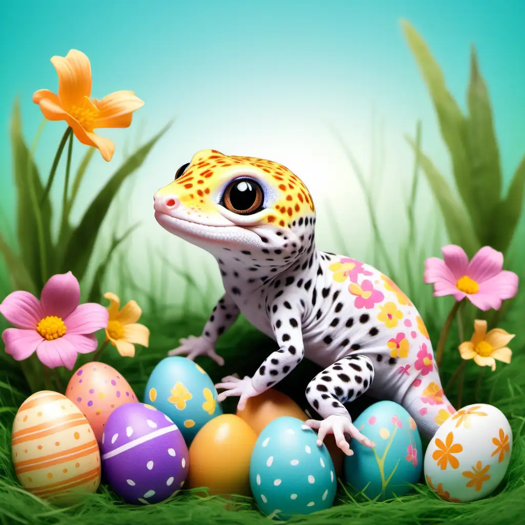 Design a whimsical Easter-themed leopard gecko illustration, blending the vibrant colors of spring with the adorable charm of this beloved reptile. Incorporate elements like pastel-colored eggs, delicate flowers, and perhaps a playful bunny friend hopping nearby. Let your creativity shine as you bring this delightful scene to life