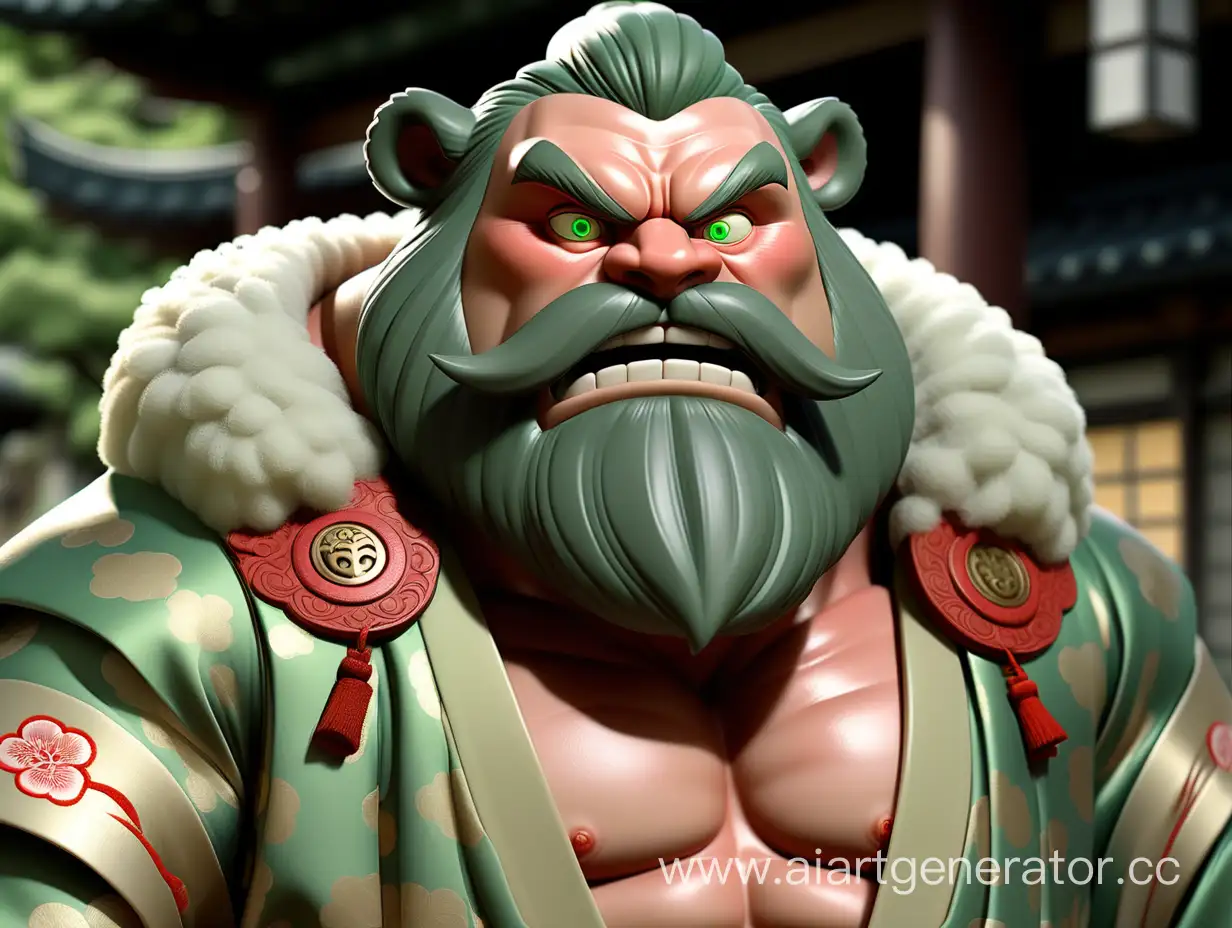 Mighty-Bear-Warrior-in-Green-Kimono-with-Golden-Embroidered-Belt