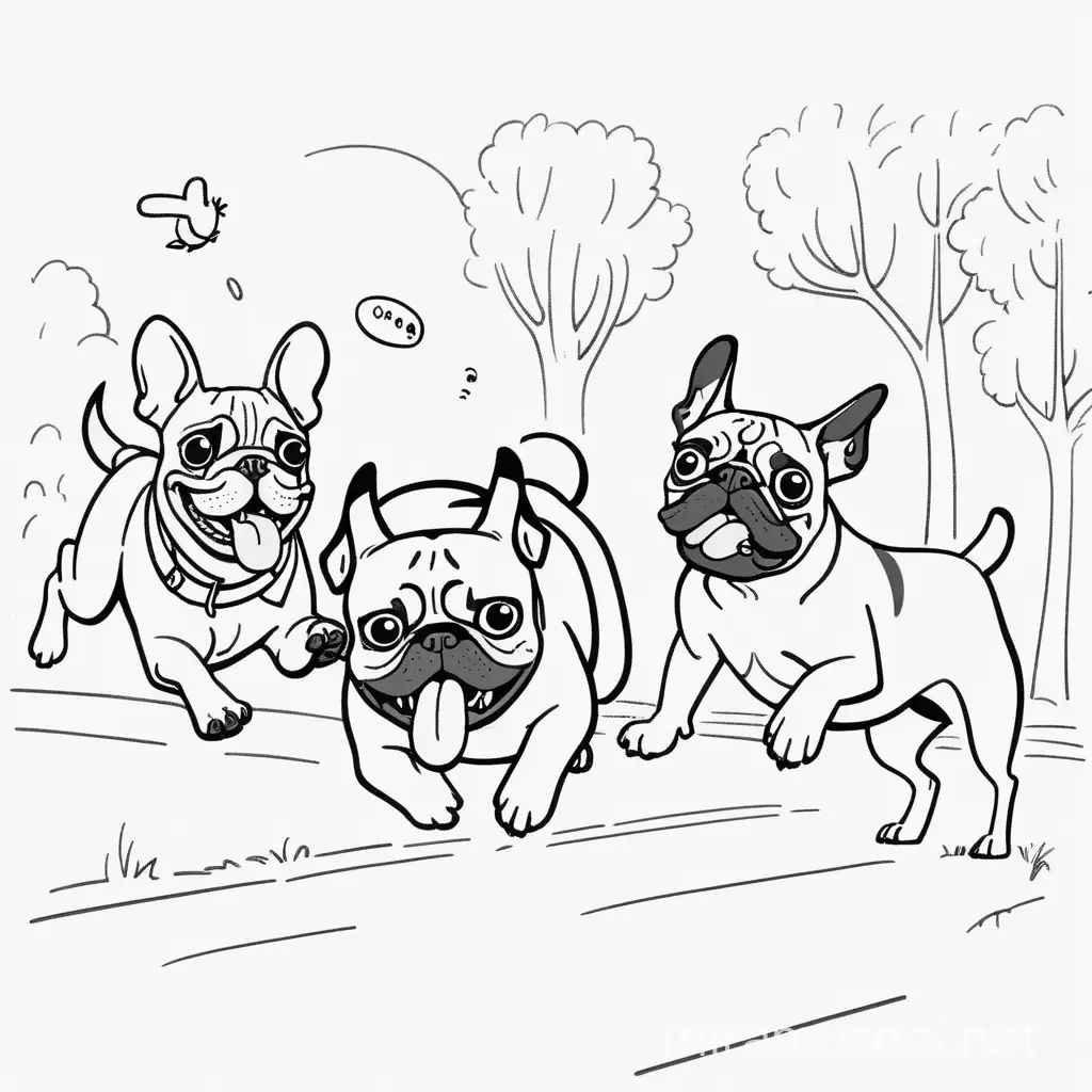 Playful Cartoon Drawing of French Bulldog and Pug Dogs Chased by Kangaroos