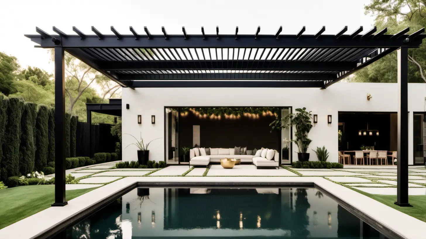 Contemporary Minimalist Home with Sprawling Lawns and Black Steel Pergola