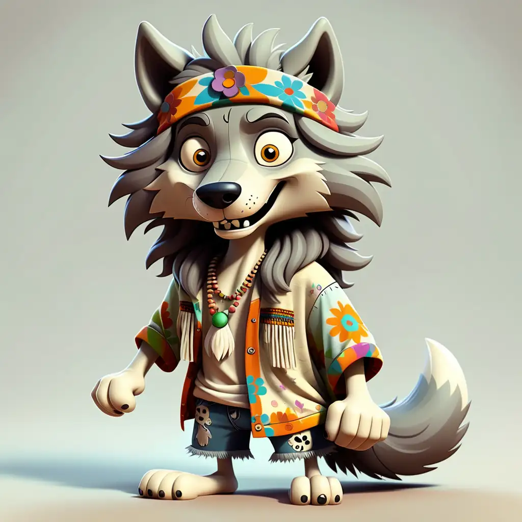 Cartoon Hippie Wolf in Cute and Funny Outfit
