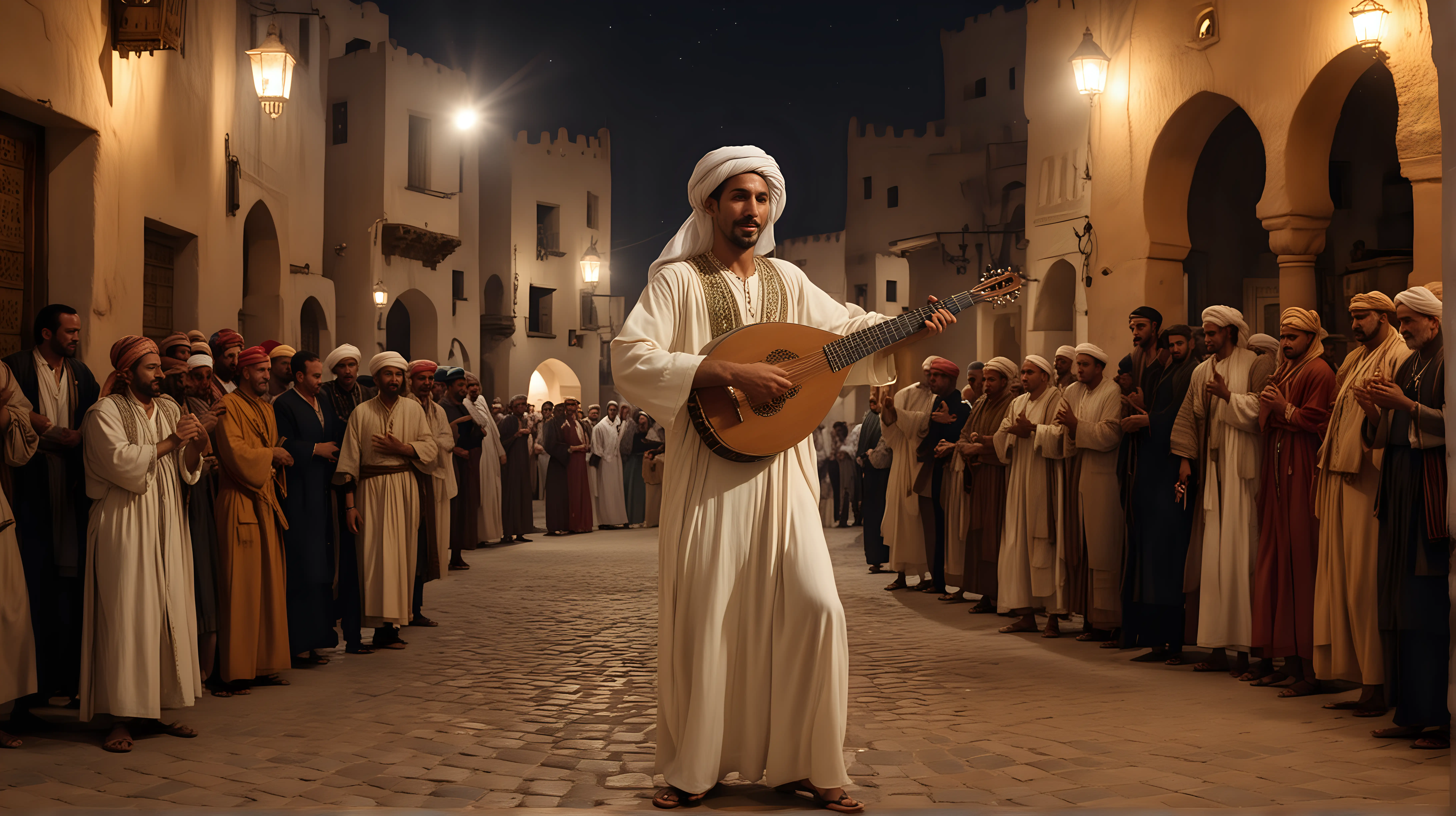 One only itinerant Moroccan musician playing and dancing with his Arabian lute. wearing traditional clothes, in a traditional dim lighted village square, night time, men and women all dancing joyfully in a circle around him. Very realistic, cinematic. Cecil B. de Mille Ten Commandment style