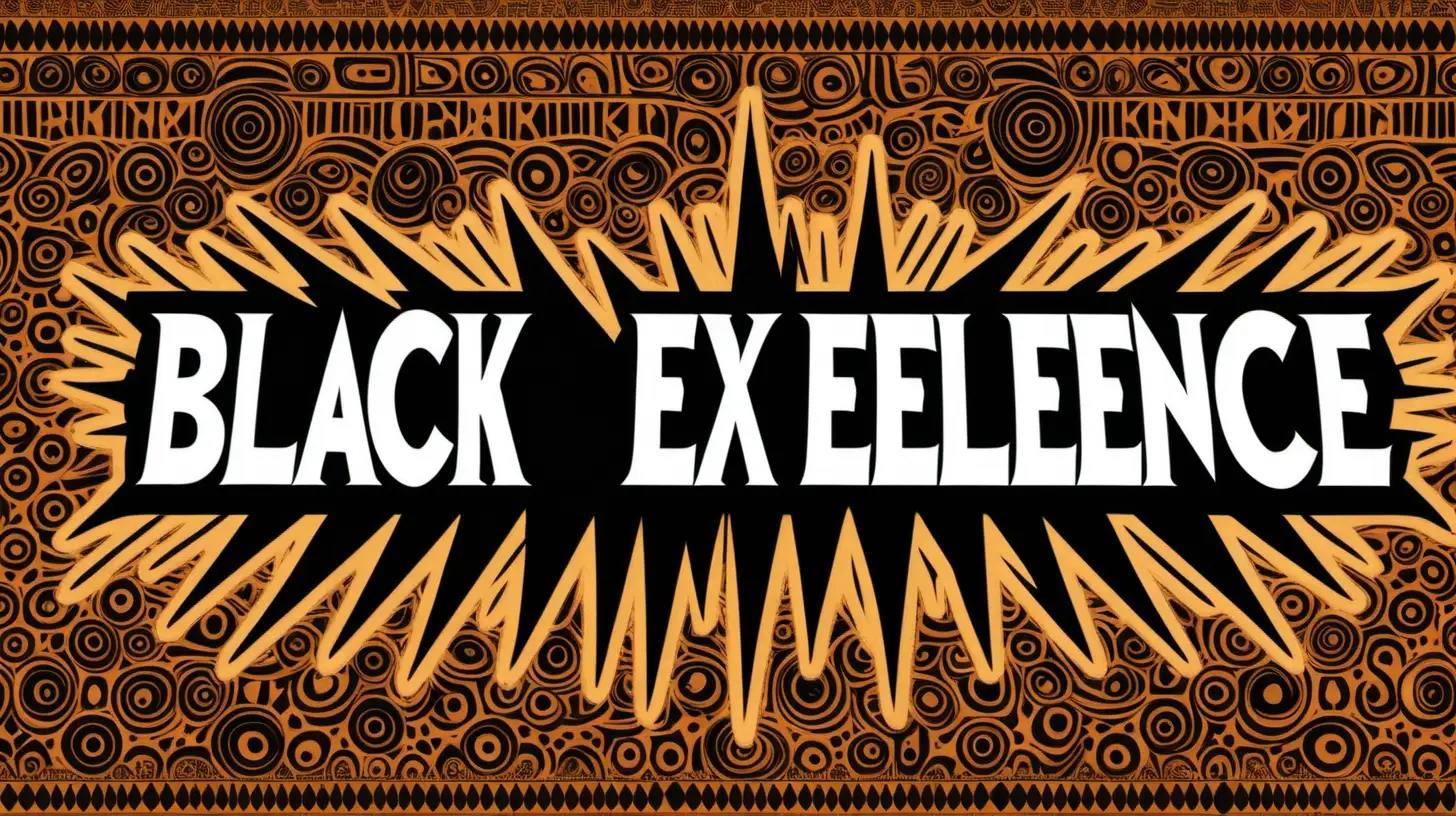 create an image of the text 'BLACK EXCELLENCE', spelled exactly as typed, in a strong black font with an offset black outline around it centered and layered on top of a patterned african themed background 